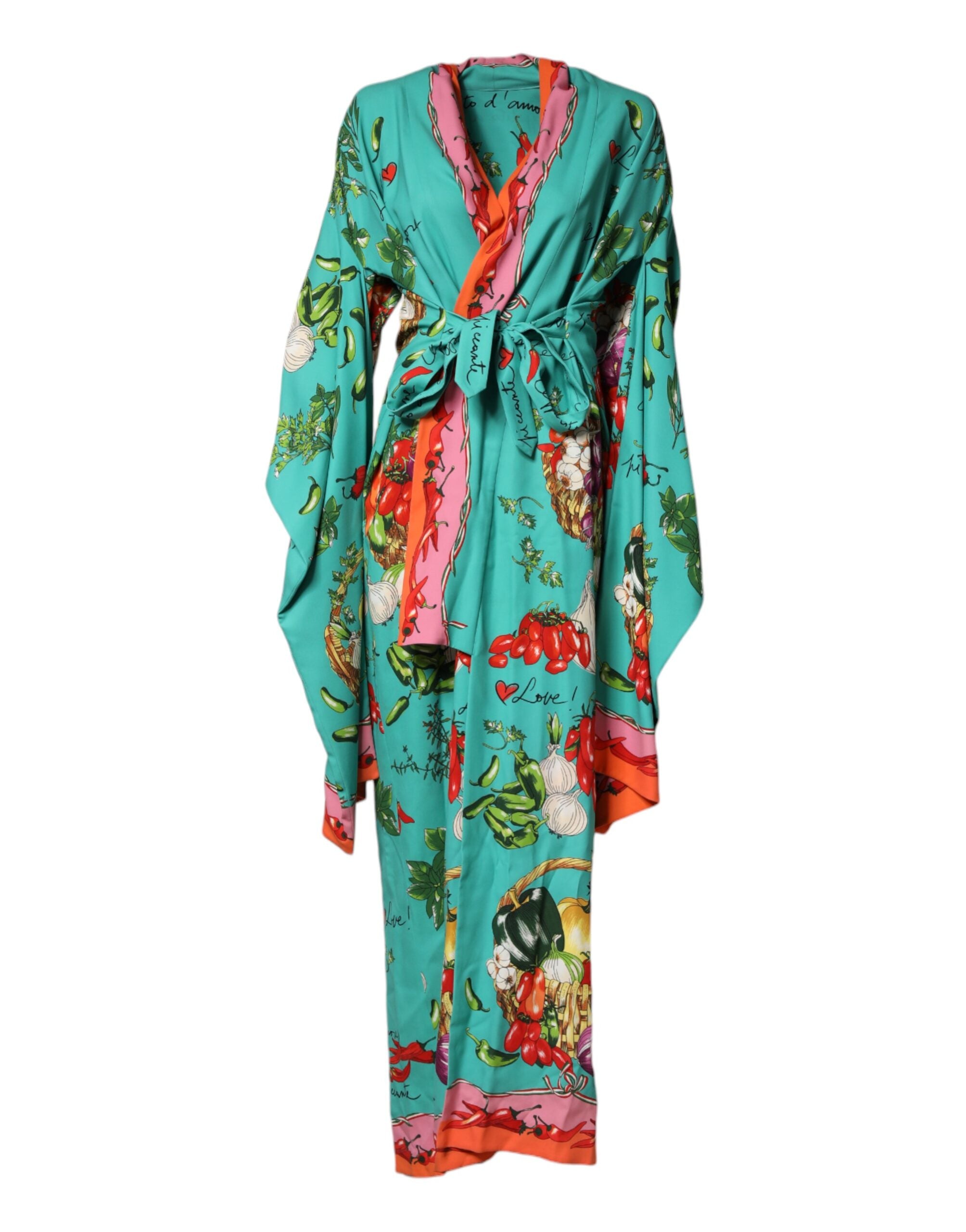 Robe longue à manches longues Dolce & Gabbana avec motif imprimé vert, style cache-coeur élégante et sophistiquée.