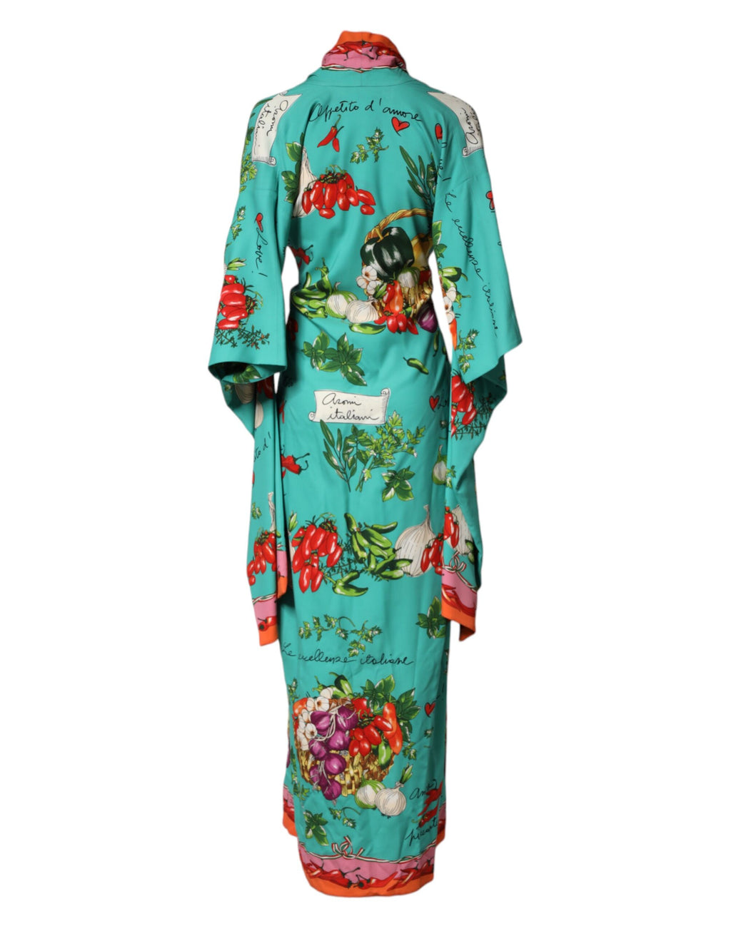 Robe longue Dolce & Gabbana à manches longues avec motif imprimé vert, style portefeuille et coupe élégante.