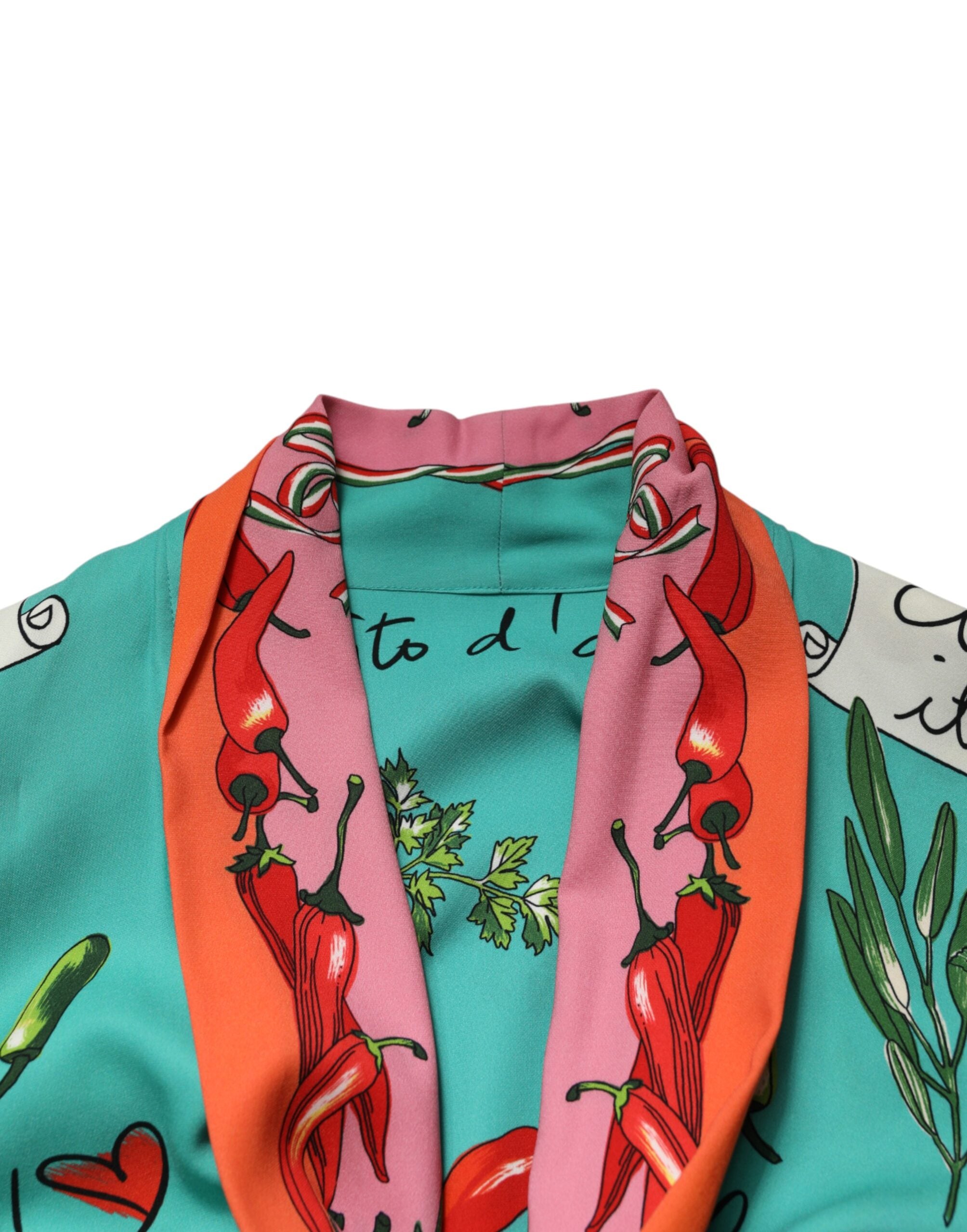 Robe longue Dolce & Gabbana à manches longues, ceinture portefeuille, imprimé vert, coat dress élégant et sophistiqué.