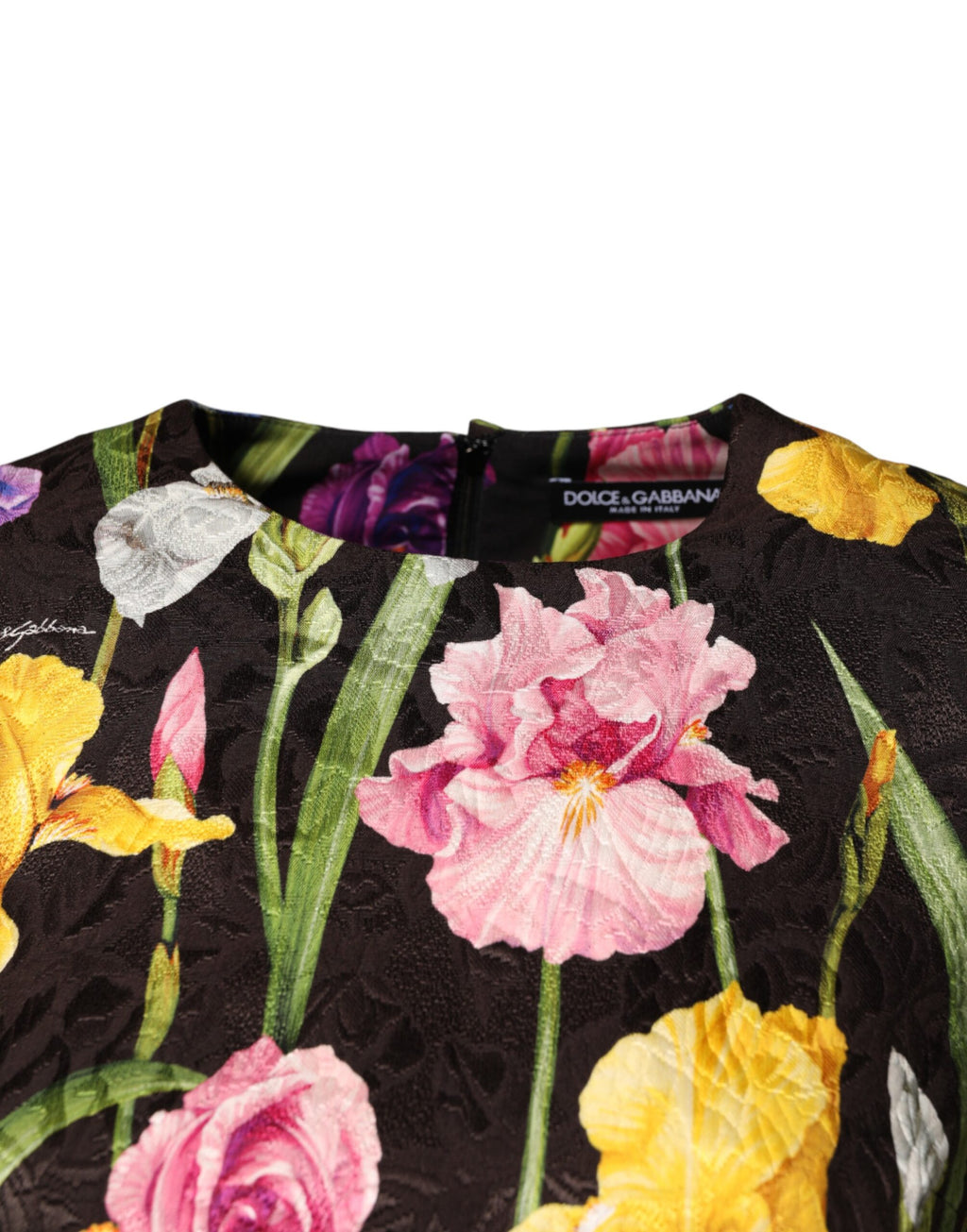Robe courte à motif floral brocart noir de Dolce & Gabbana, coupe en ligne A élégante et sophistiquée.