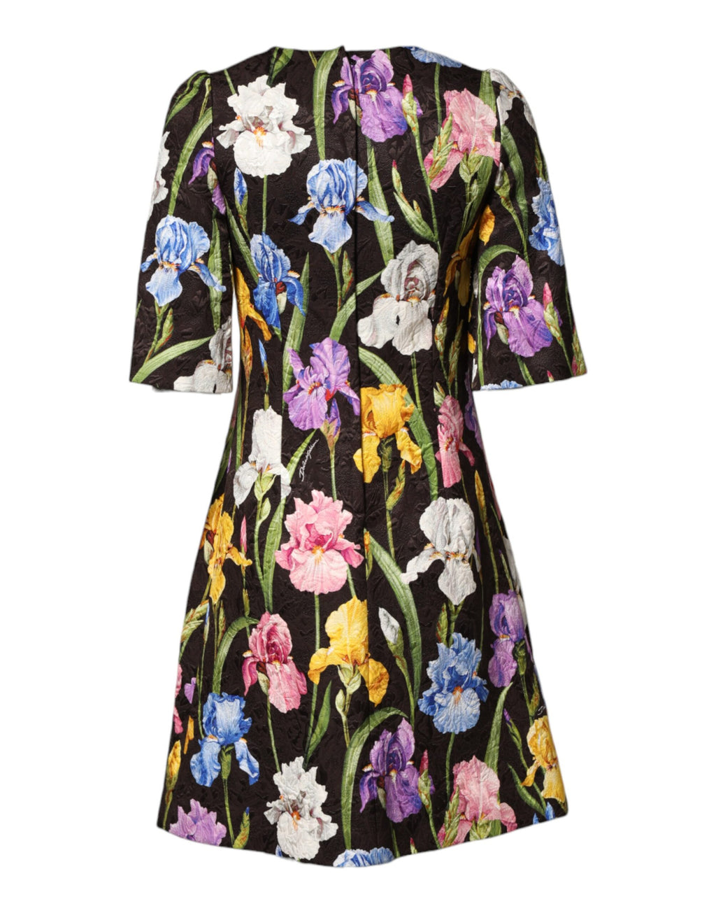 Robe courte à brocart floral noire de Dolce & Gabbana, coupe évasée en ligne A, élégante et sophistiquée.