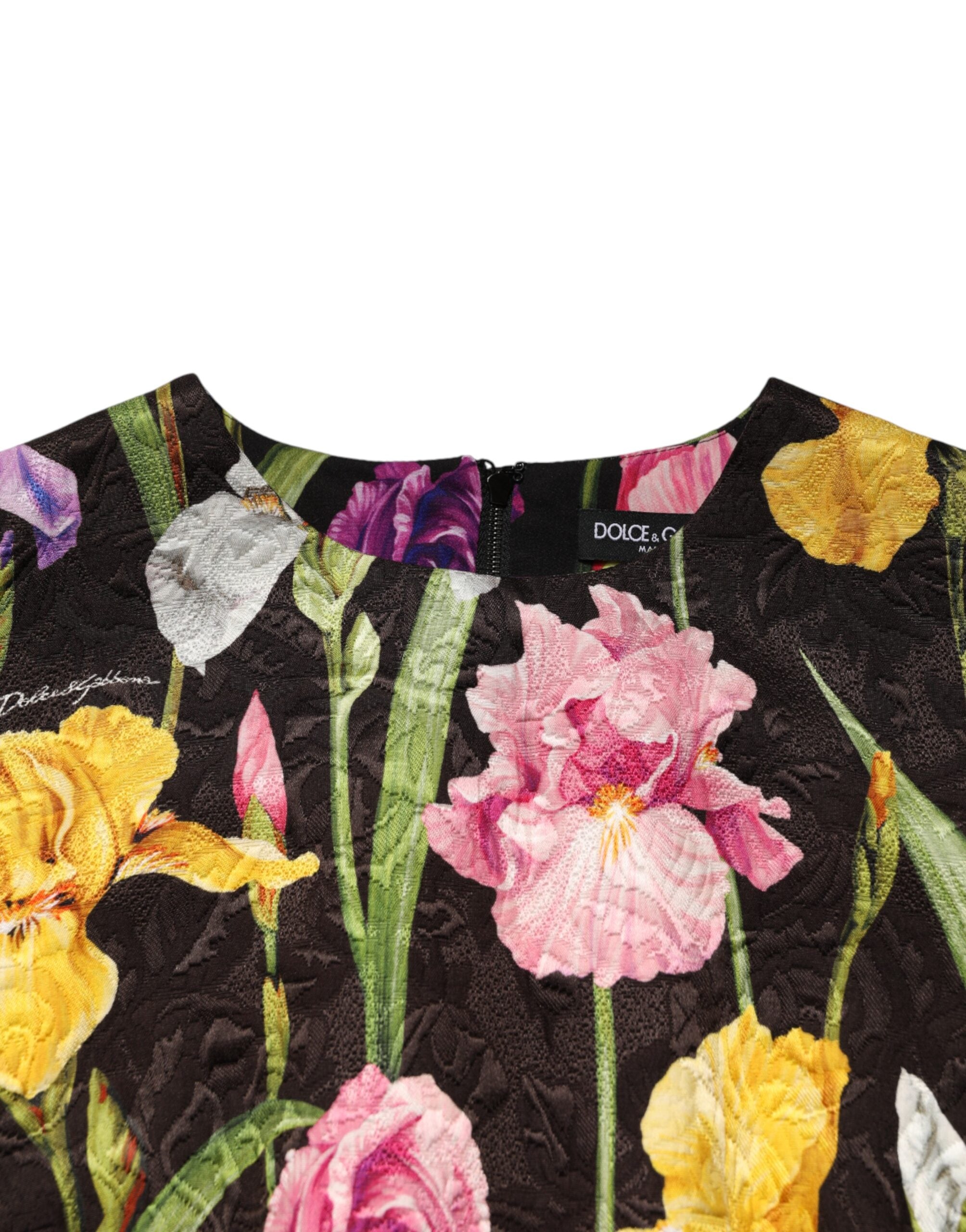 Robe courte en brocart floral noire de Dolce & Gabbana, coupe évasée A-line, détail élégant et sophistiqué.
