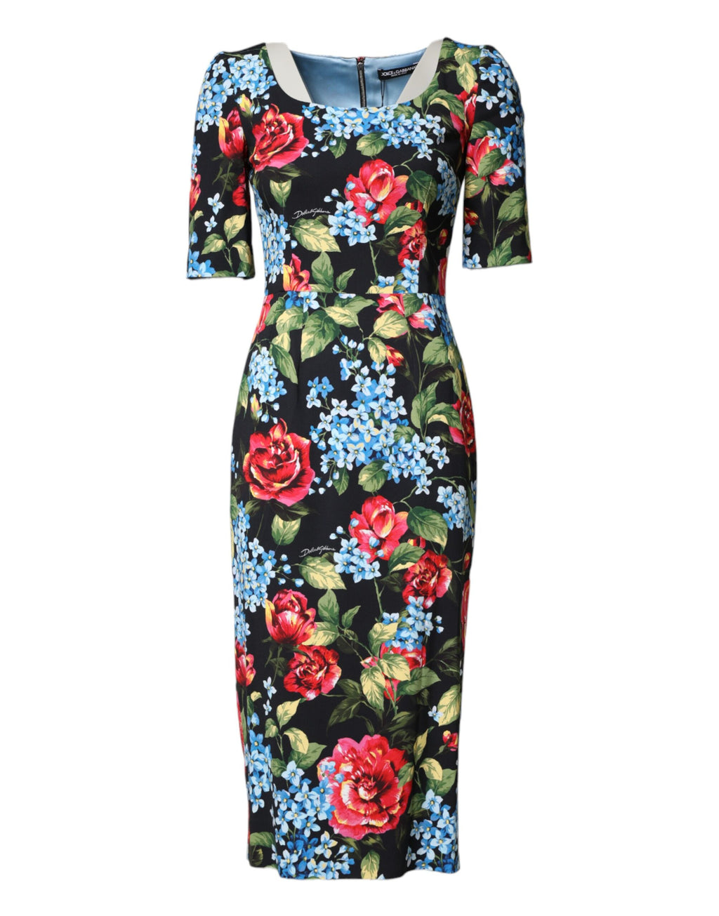 Robe midi noire Dolce & Gabbana à imprimé floral en viscose, coupe fourreau élégante et moderne.