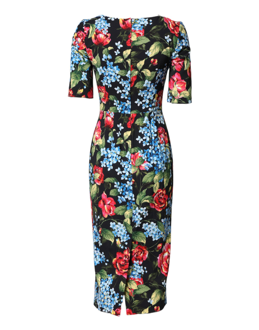 Robe midi Dolce & Gabbana noire avec imprimé floral en viscose, coupe ajustée et élégante, vue en gros plan.