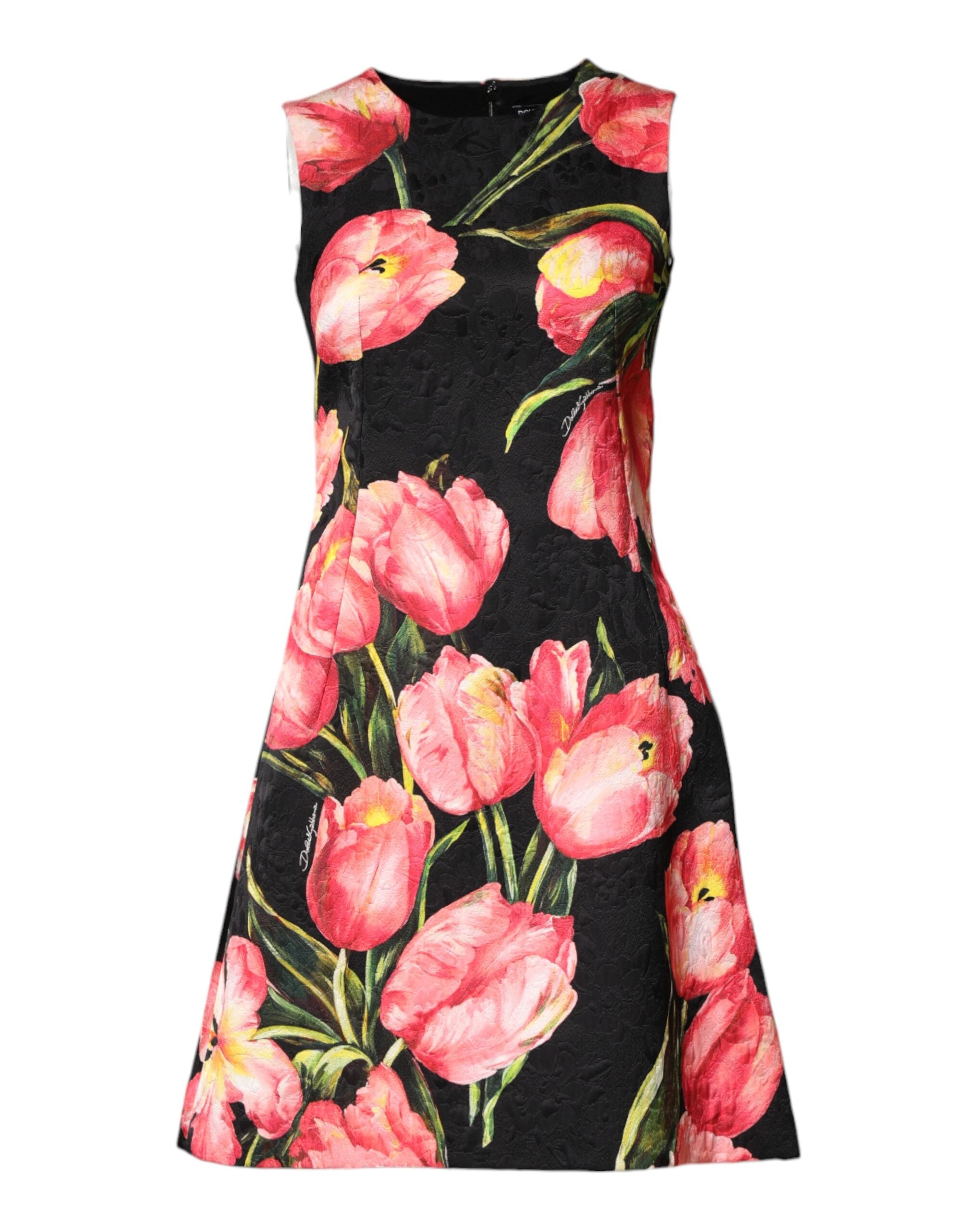 Robe mini en viscose noire à imprimé floral Dolce & Gabbana, coupe en ligne A élégante, visible sur l'image.