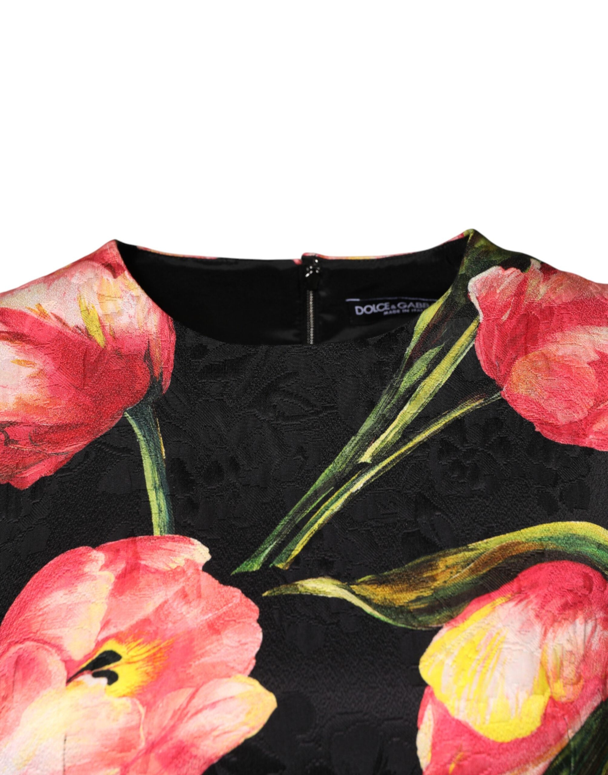 Robe courte en viscose noire à fleurs, style ligne A, de Dolce & Gabbana, avec motif floral élégant.