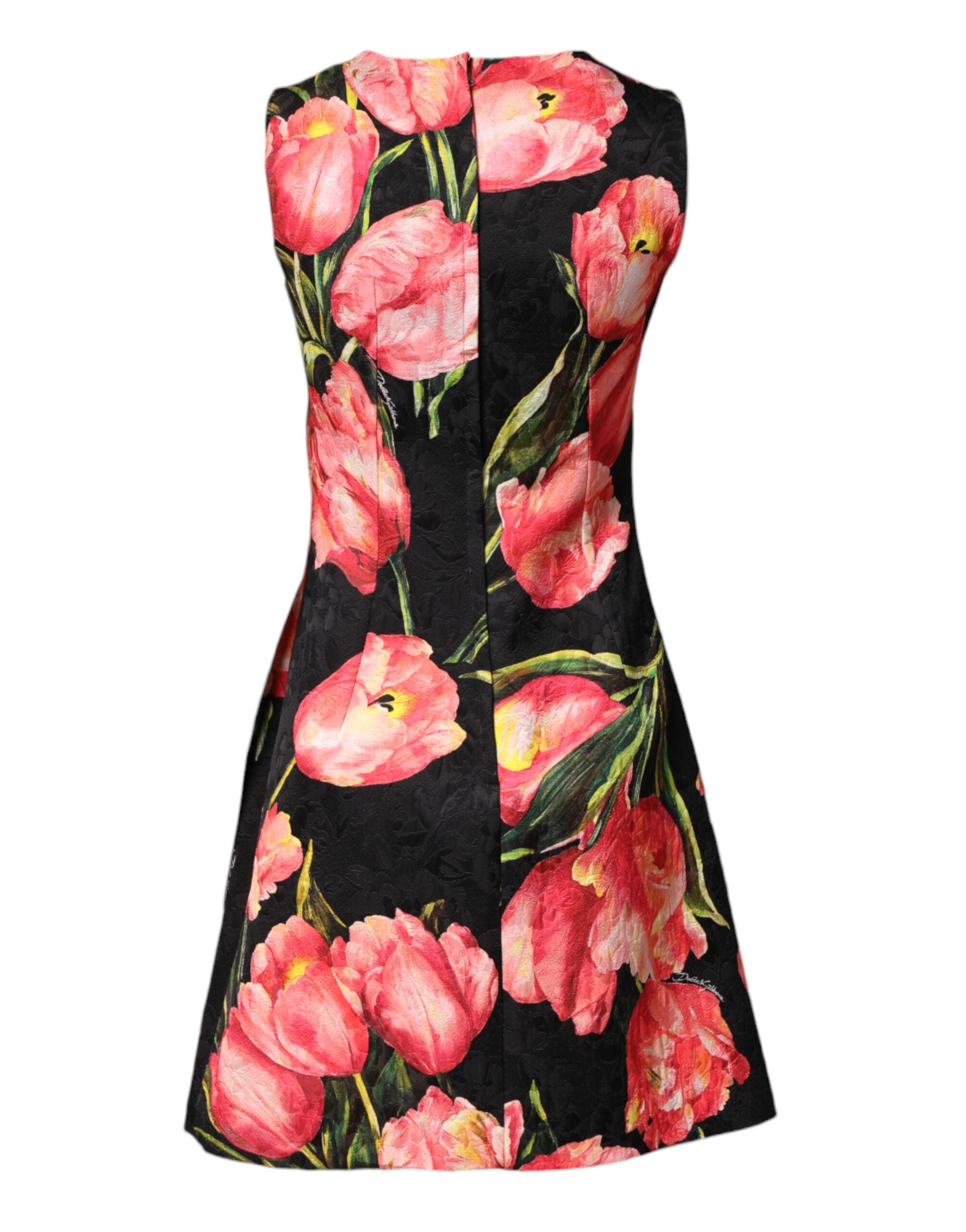 Robe courte en viscose noire à imprimé floral Dolce & Gabbana, coupe en ligne A, style élégant et féminin.