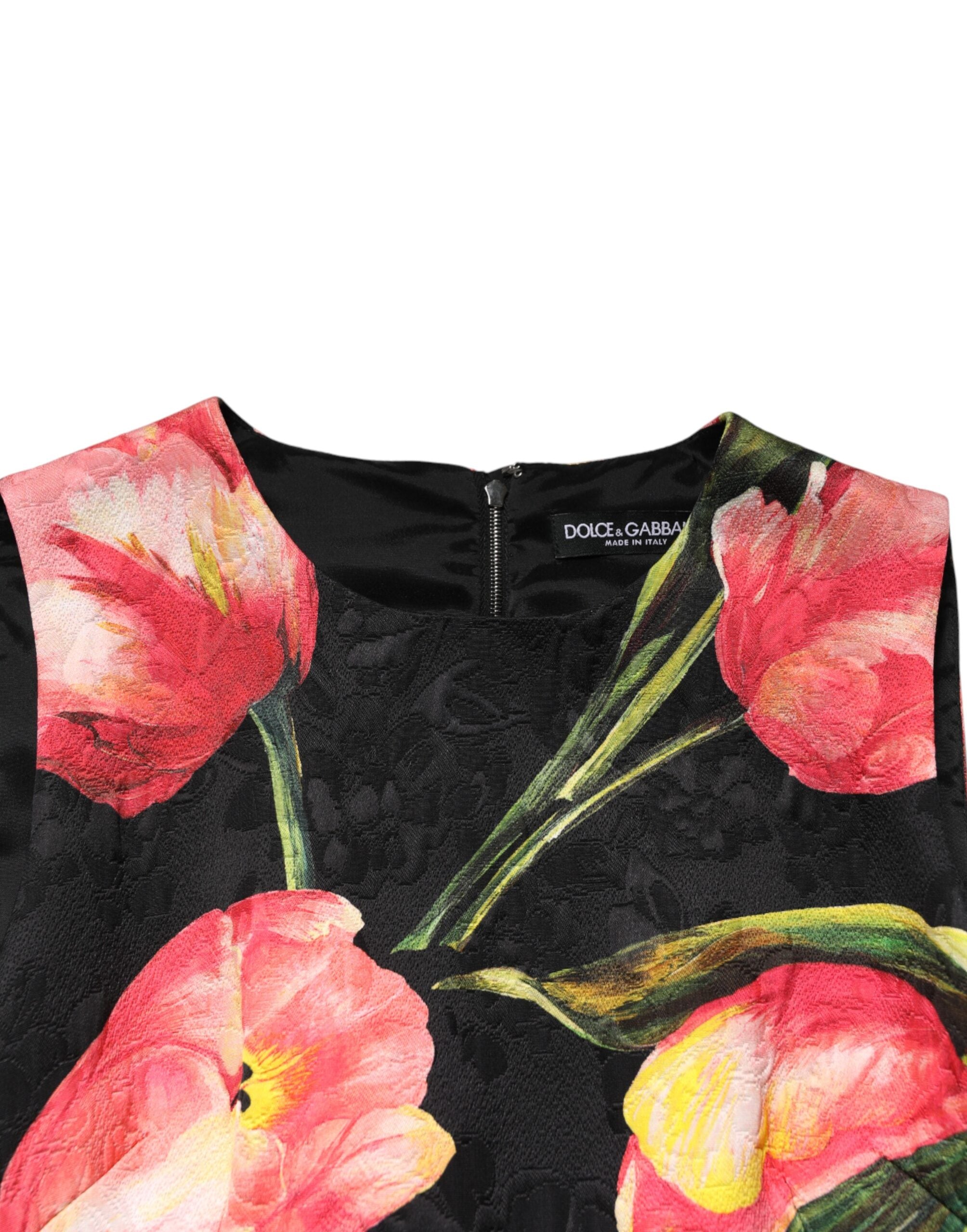 Robe courte noire à imprimé floral en viscose de Dolce & Gabbana, coupe A-line, élégante et féminine.