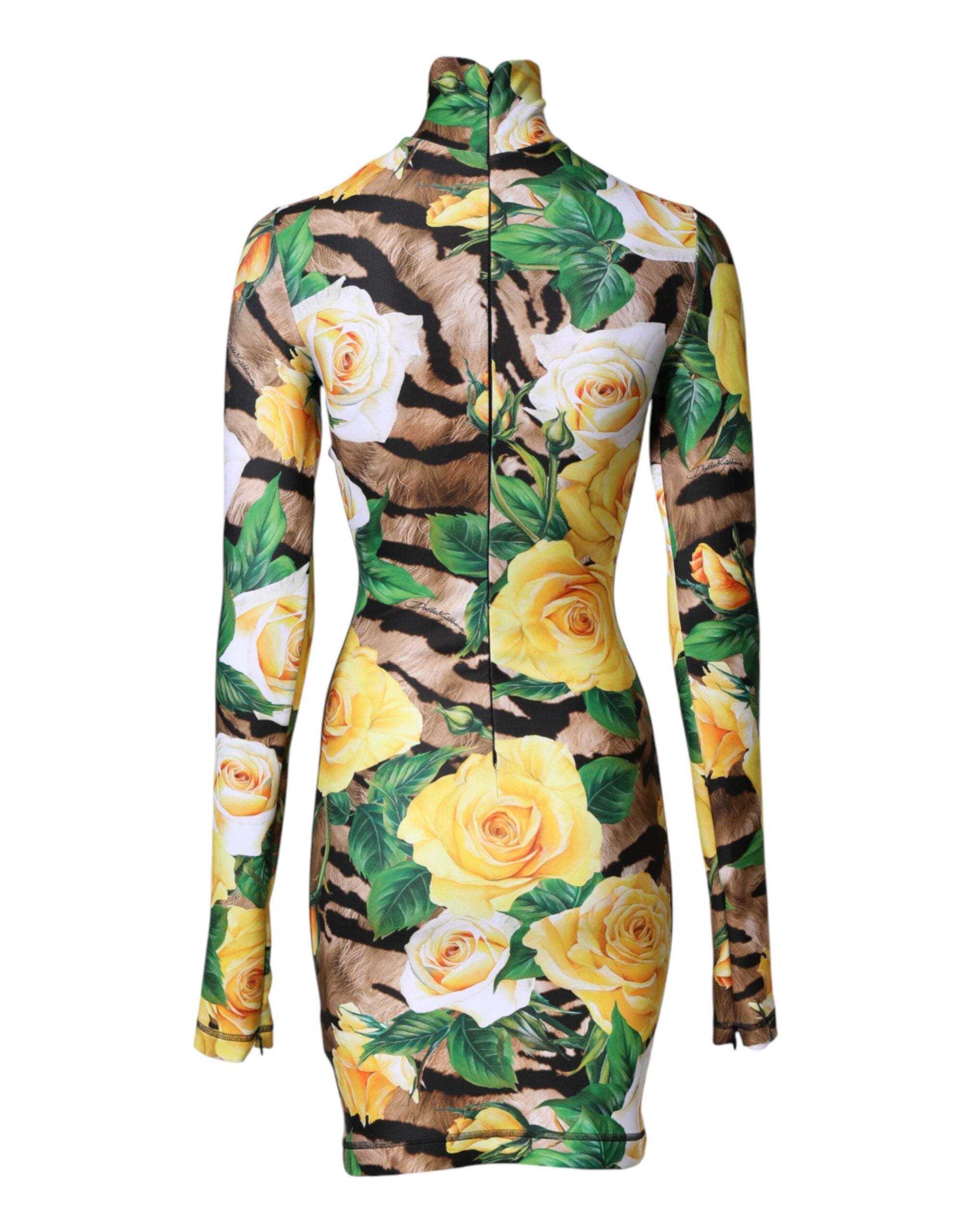 Robe courte Dolce & Gabbana à fleurs multicolores, coupe ajustée et élégante, tissu fluide avec motif floral vibrant.