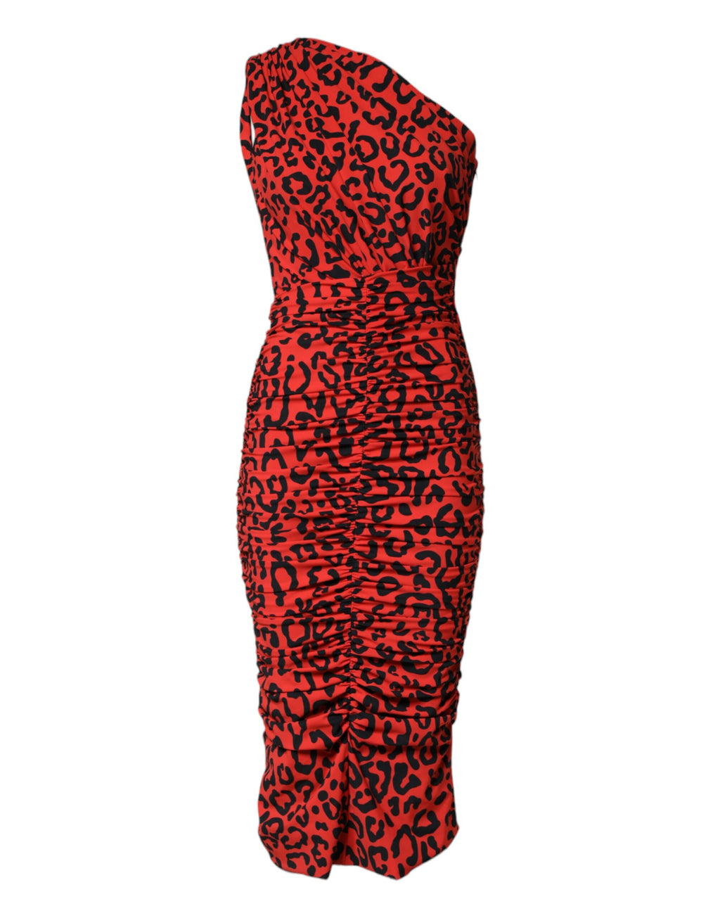 Robe trapèze midi en nylon rouge à imprimé léopard de Dolce & Gabbana, style élégant et sophistiqué.