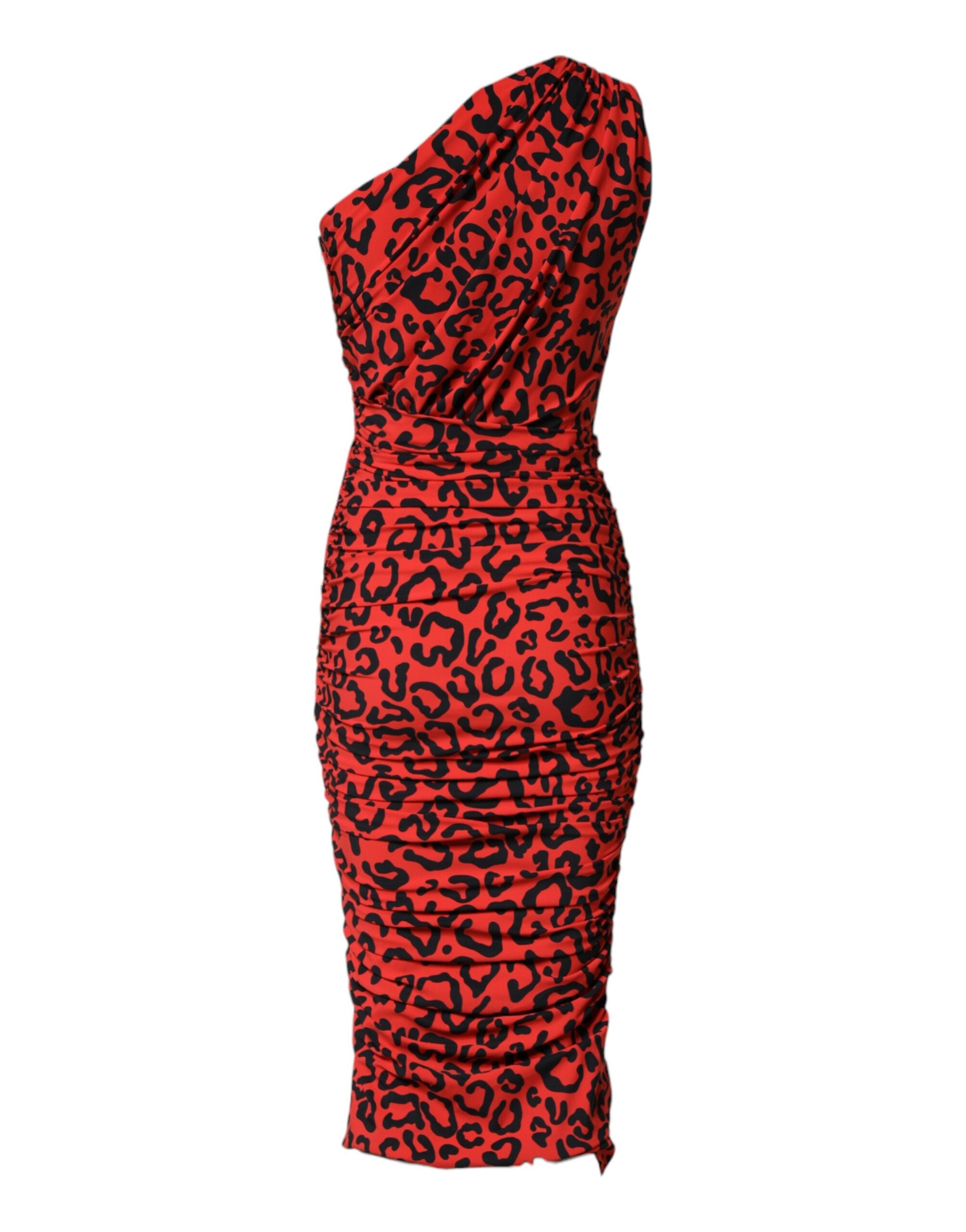 Robe midi en nylon à imprimé léopard rouge de Dolce & Gabbana, coupe ajustée et élégante.