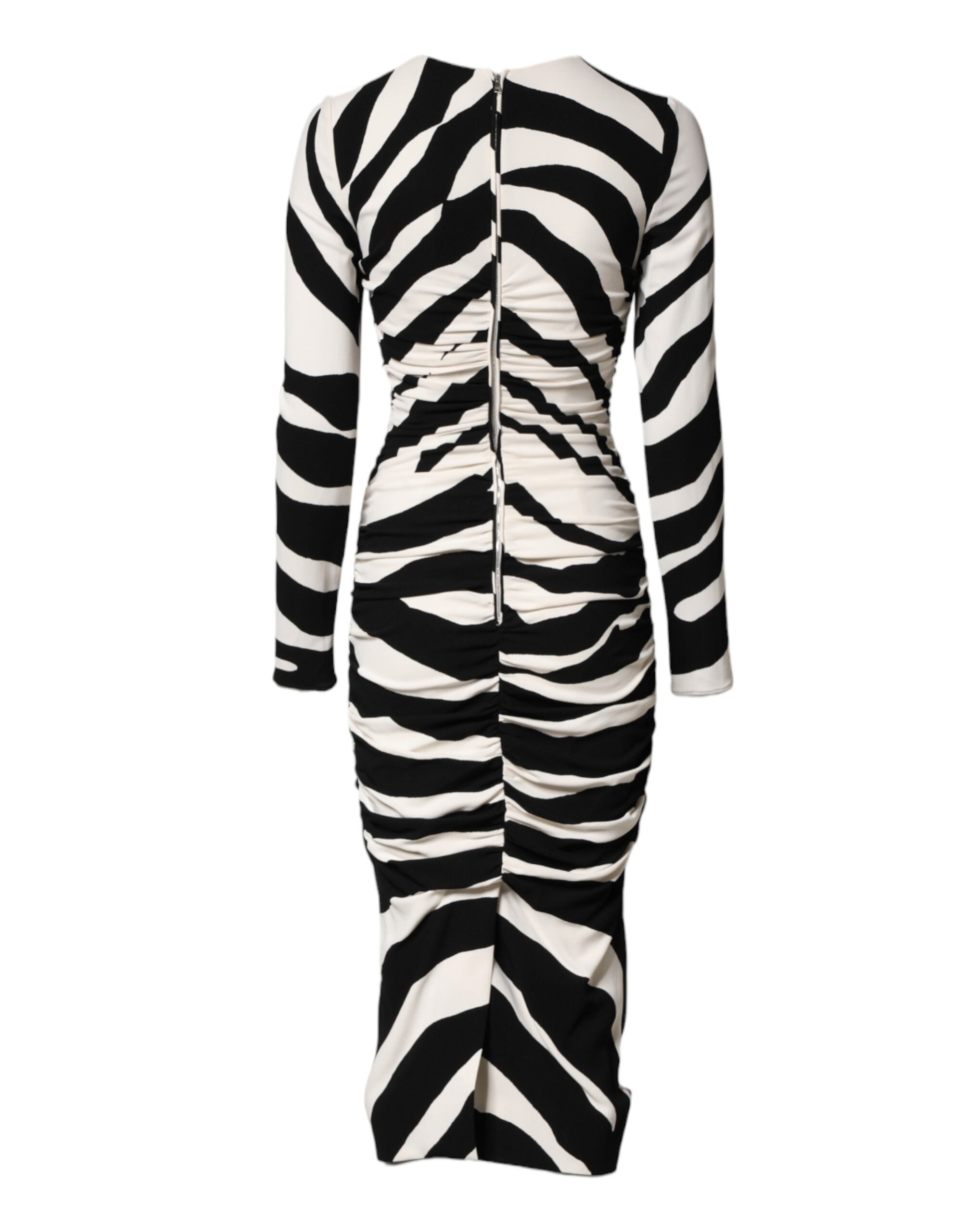 Robe midi Dolce & Gabbana en viscose noire et blanche à motif zèbre, coupe moulante et élégante.
