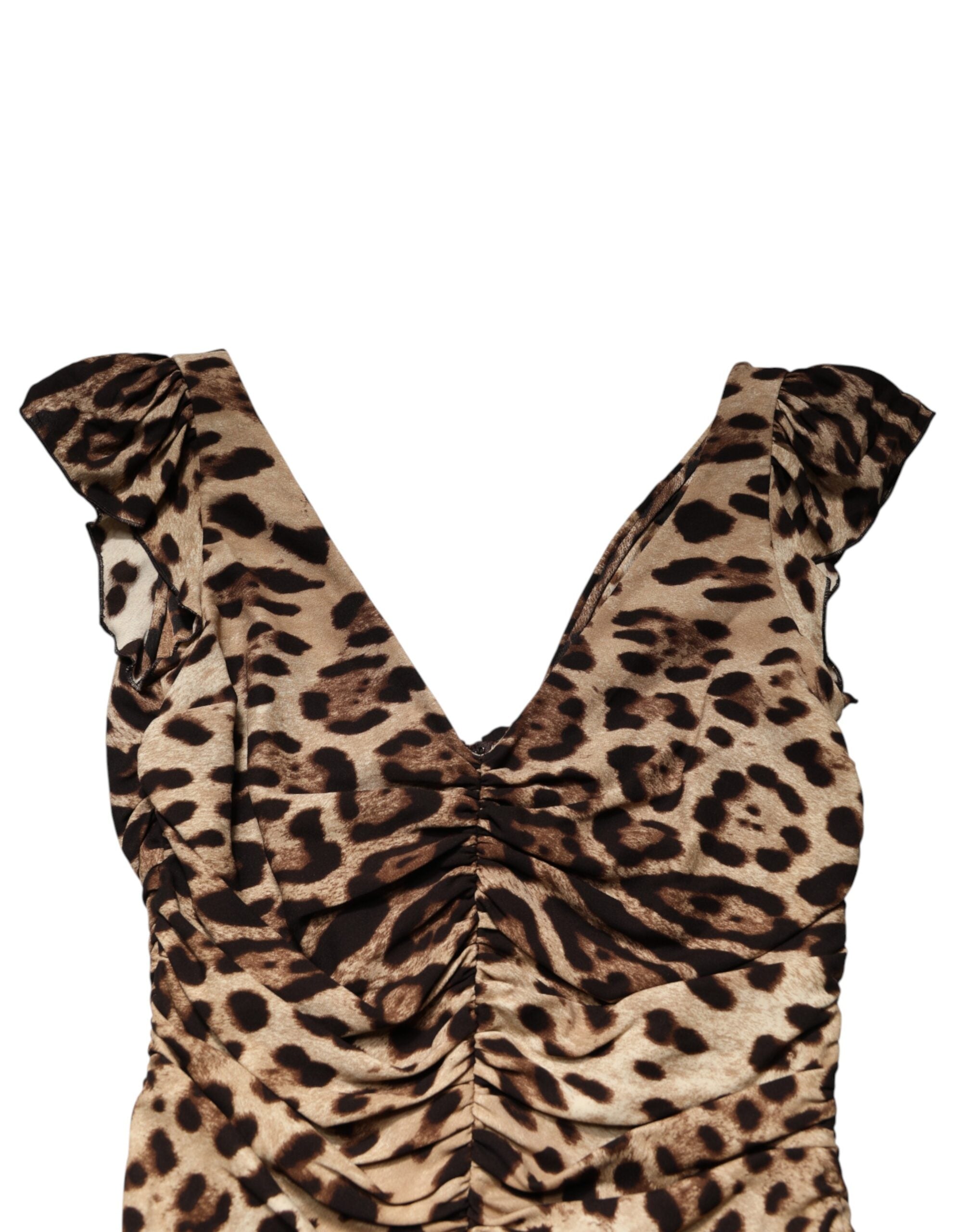 Robe sans manches midi Dolce & Gabbana à motif léopard marron, coupe ajustée et élégante.