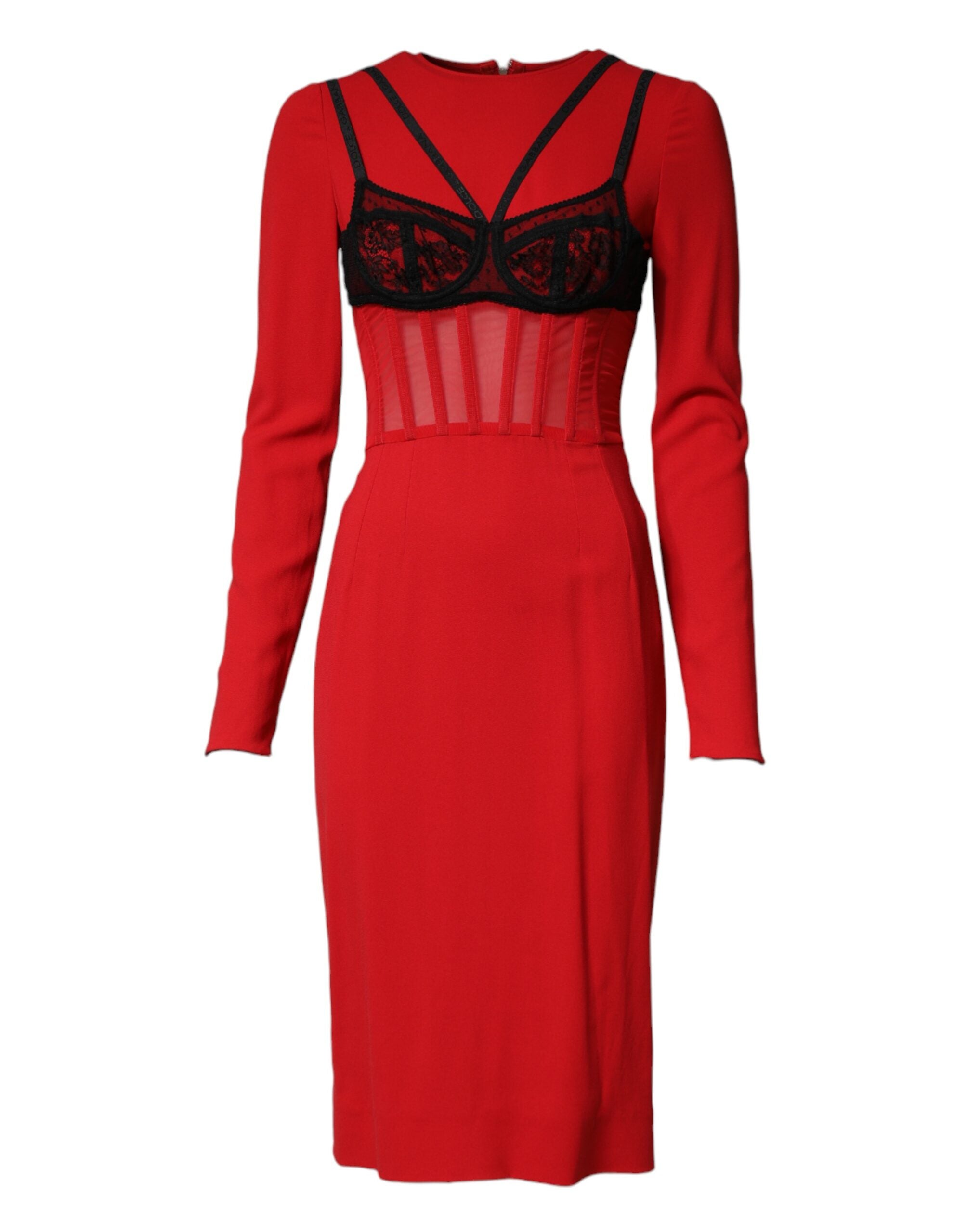 Robe midi Dolce & Gabbana noire et rouge avec bustier contrasté, style élégant et féminin, en tissu cady.
