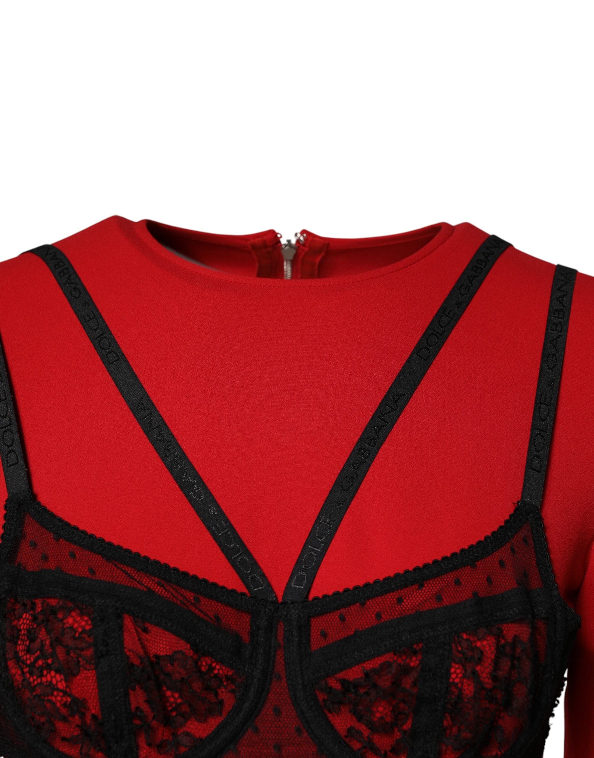 Robe midi Dolce & Gabbana noire et rouge avec bustier contrasté et détails en dentelle, élégante et sophistiquée.