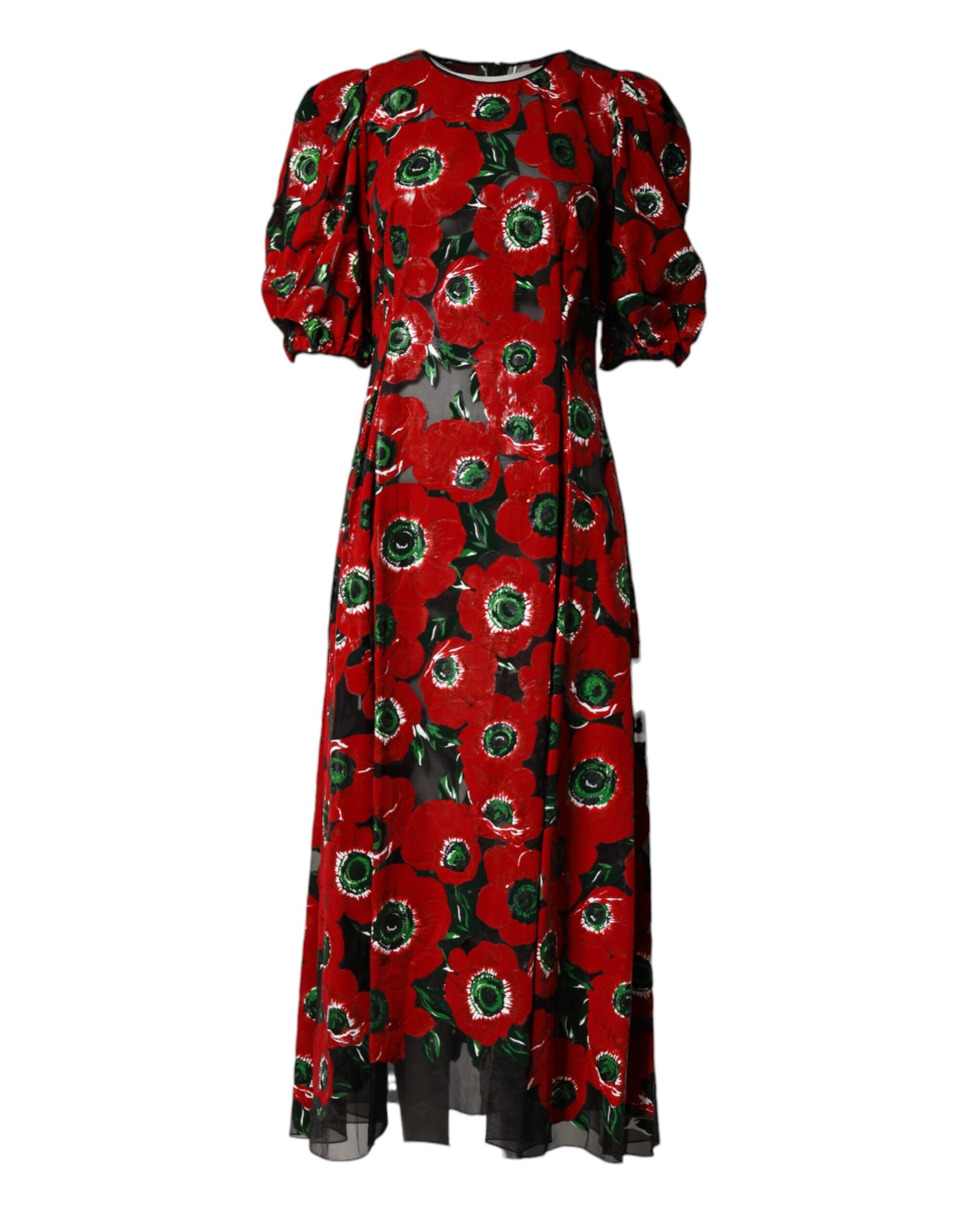 Robe midi en nylon à imprimé floral rouge de Dolce & Gabbana, coupe évasée et élégante, vêtement féminin tendance.