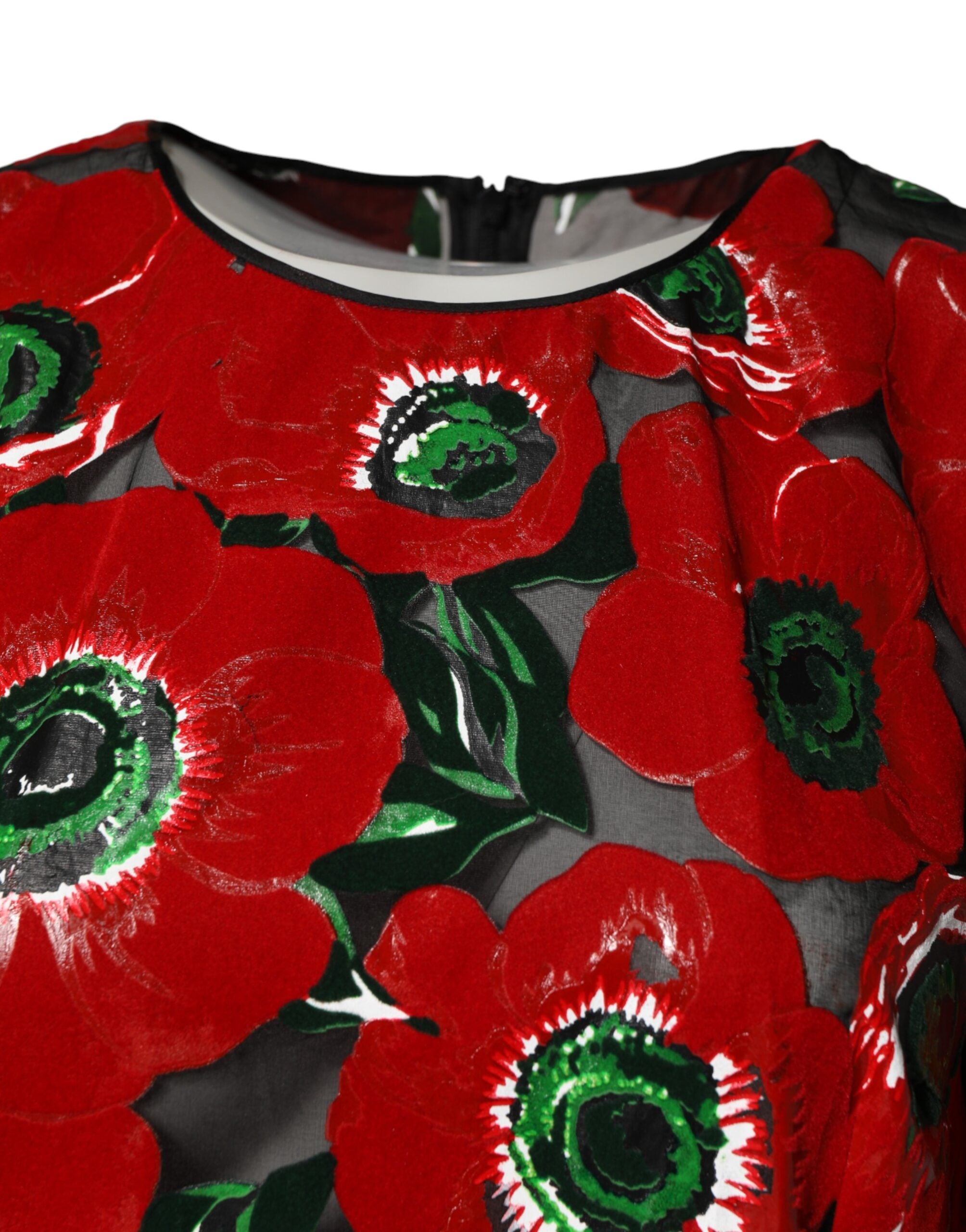 Robe midi en nylon à coupe évasée Dolce & Gabbana avec imprimé floral rouge, design élégant et fluide.