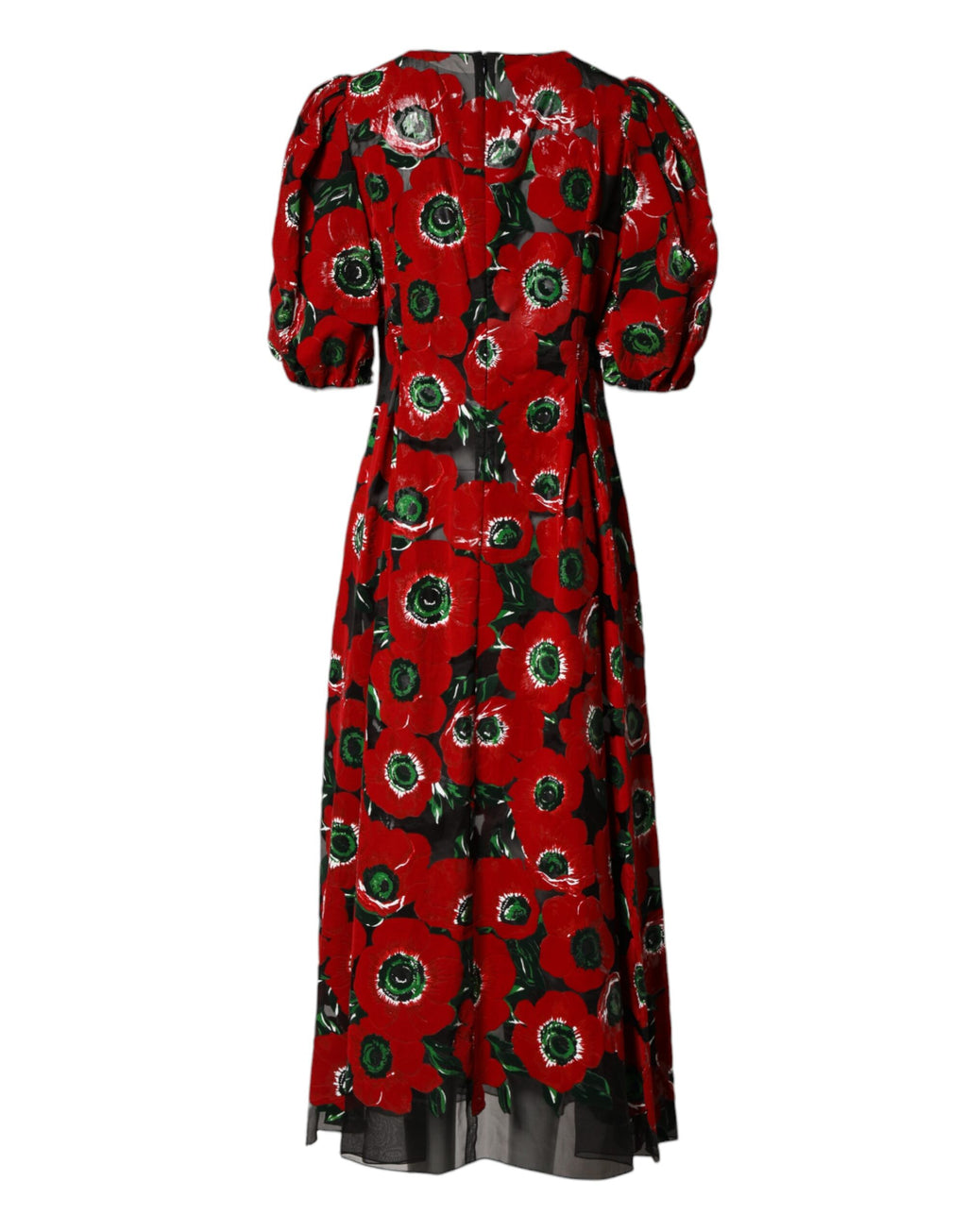 Robe midi à fleurs rouges en nylon Dolce & Gabbana avec coupe en ligne A, affichant un motif floral élégant.