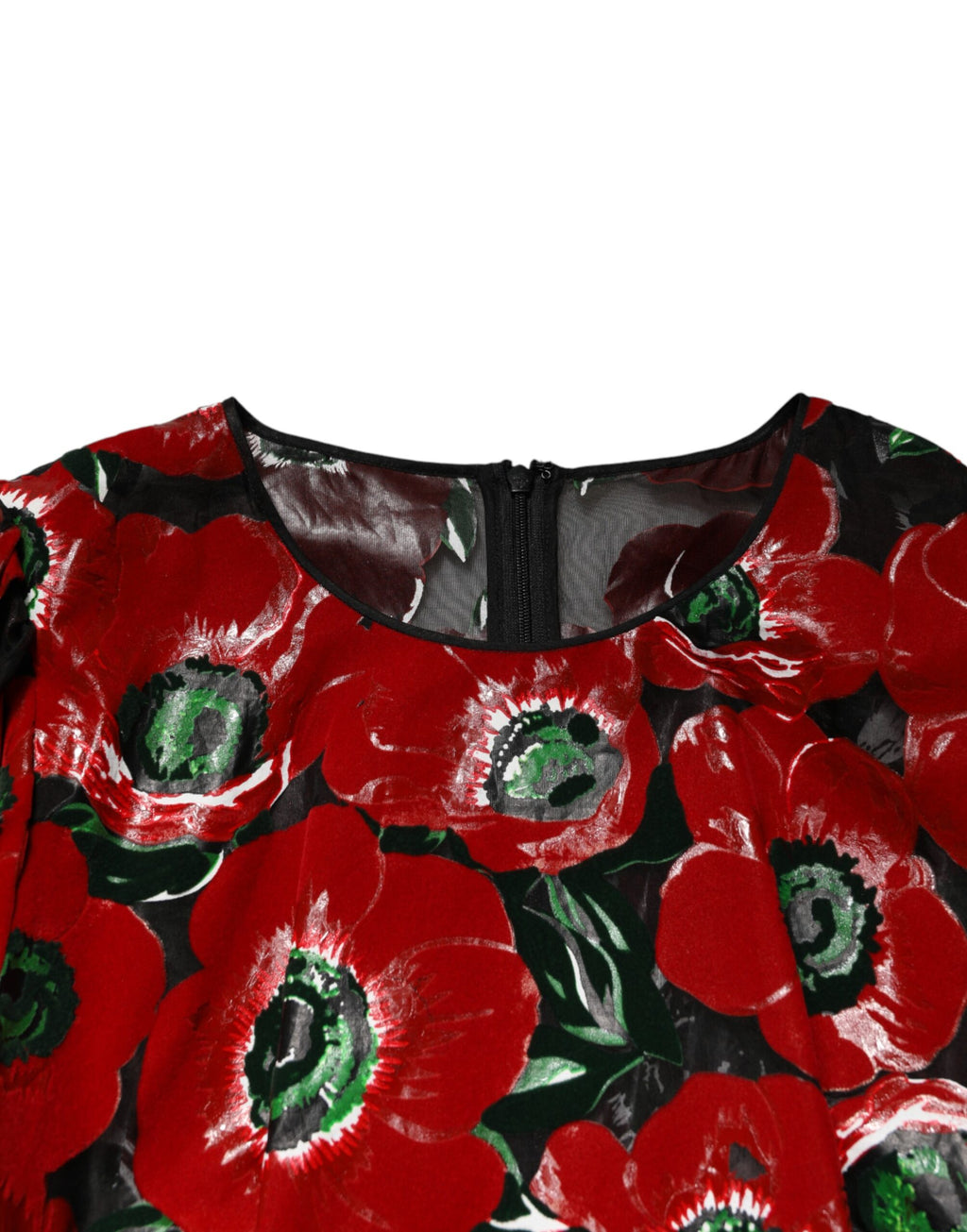 Robe midi en nylon à motif floral rouge de Dolce & Gabbana, coupe A-line, élégante et fluide.