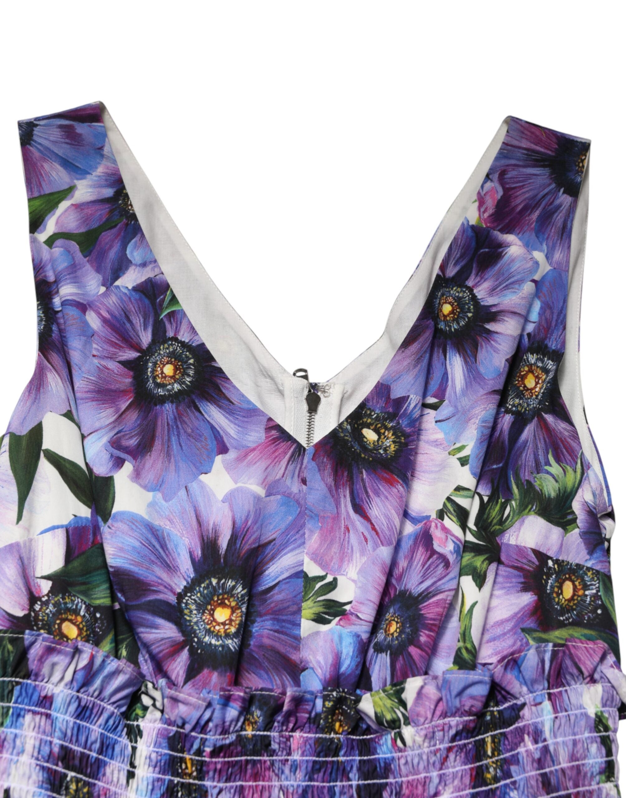 Robe midi plissée Dolce & Gabbana violette avec imprimé anémone, style élégant et féminin, vue de face.