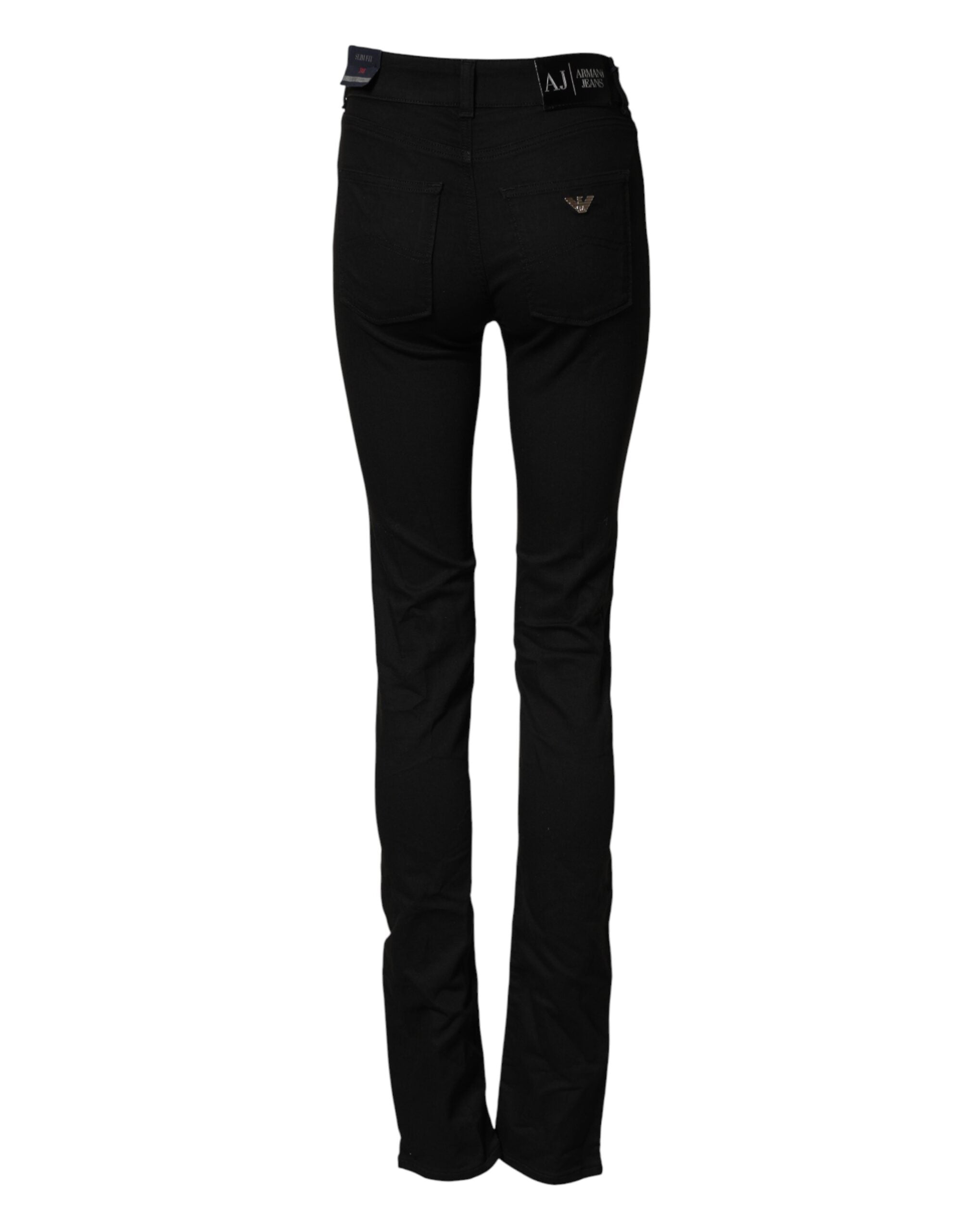 Jeans skinny noirs Armani Jeans en coton extensible à taille moyenne, ajustés et confortables, visibles en gros plan.