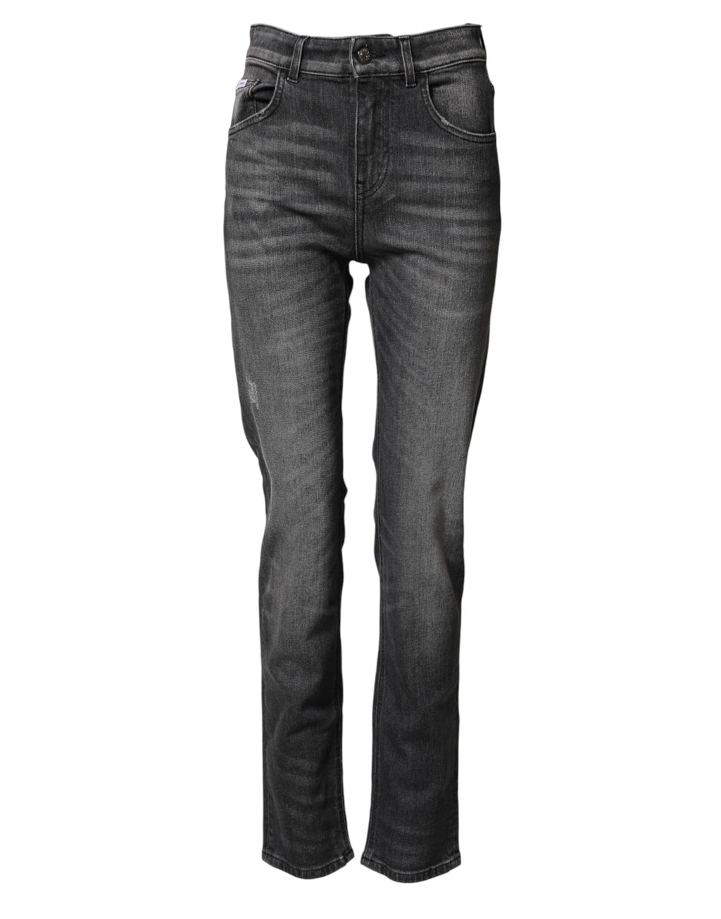 Jean skinny en denim gris à taille haute de Dolce & Gabbana, coupe ajustée en coton, visible sur l'image.