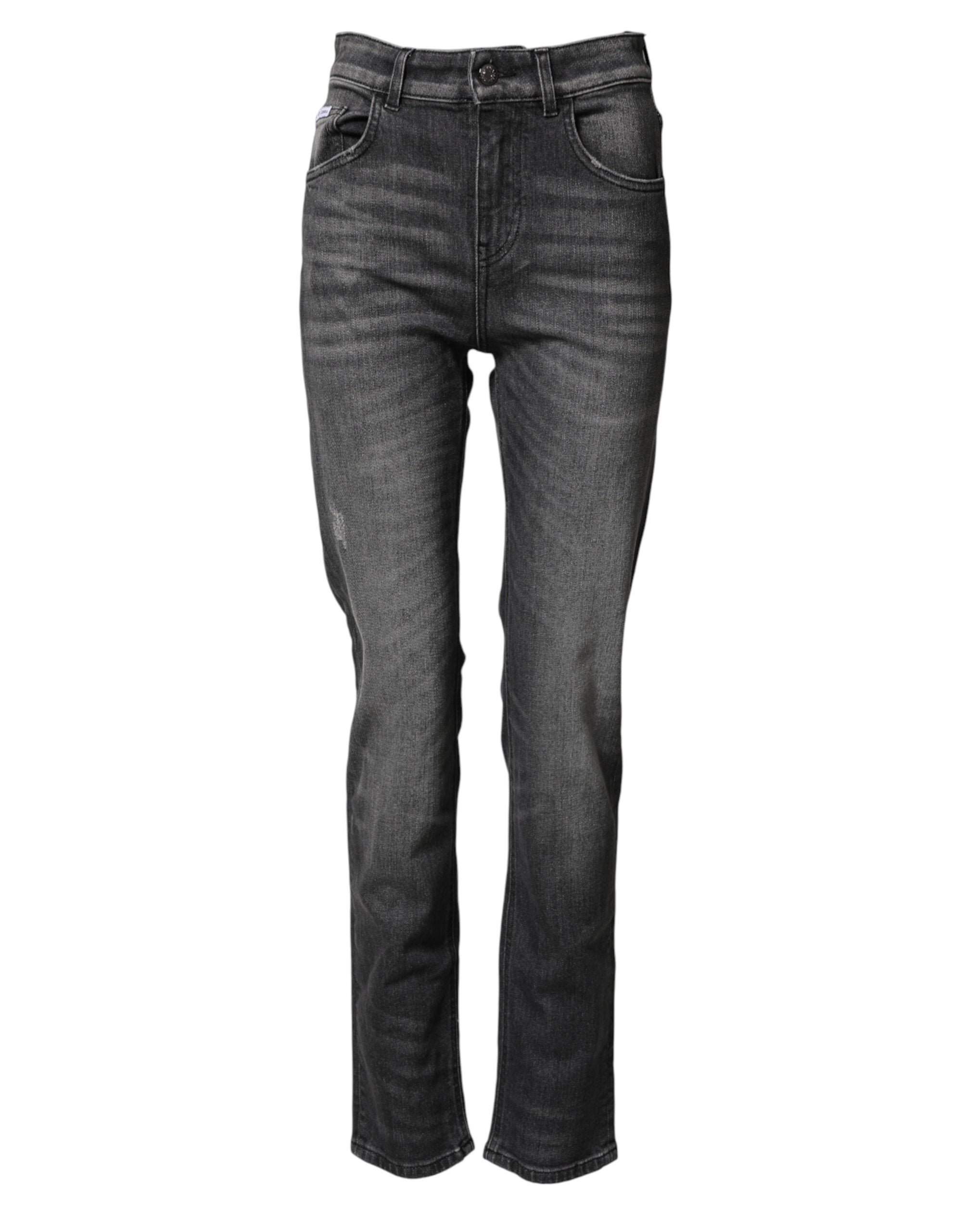 Jean skinny en denim gris à taille haute de Dolce & Gabbana, coupe ajustée en coton, visible sur l'image.