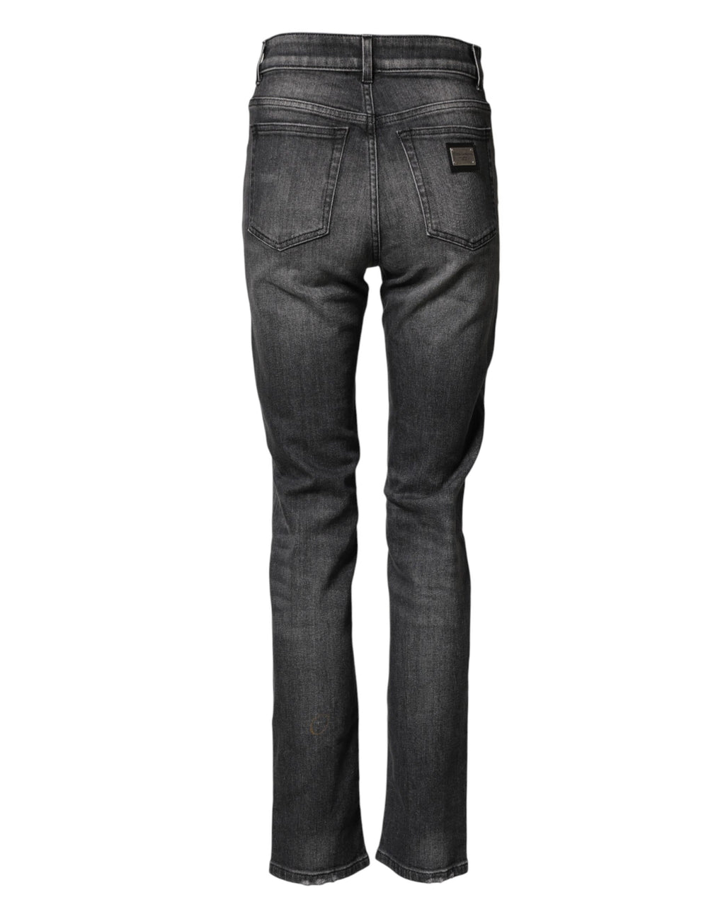 Jeans skinny en coton gris à taille haute de Dolce & Gabbana, coupe ajustée et élégante, visibles sur le modèle.