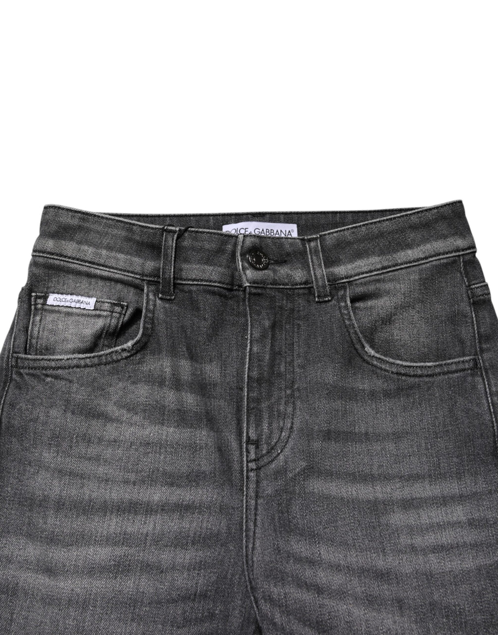 Jean skinny en denim gris à taille haute de Dolce & Gabbana, coupe ajustée en coton, visible avec détails de couture.