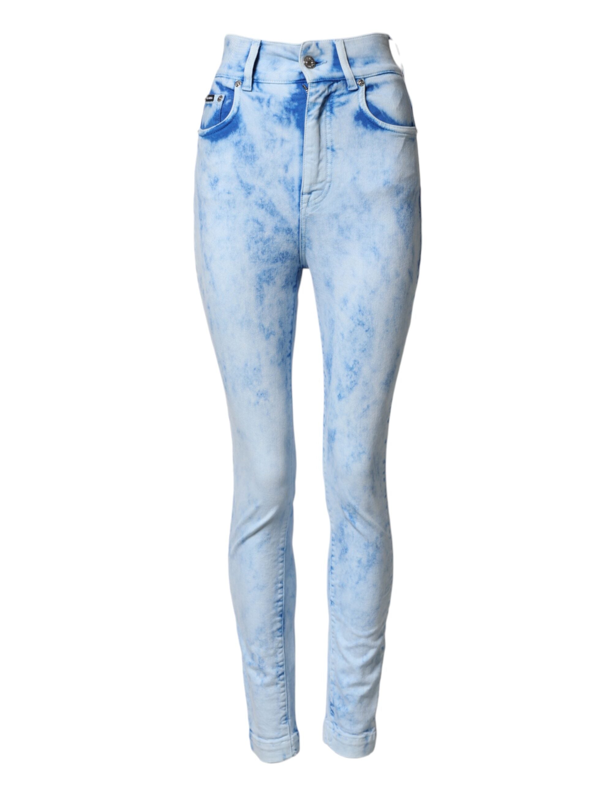 Jeans skinny en denim à taille haute Dolce & Gabbana Light Blue, coupe ajustée et détails modernes visibles sur l'image.