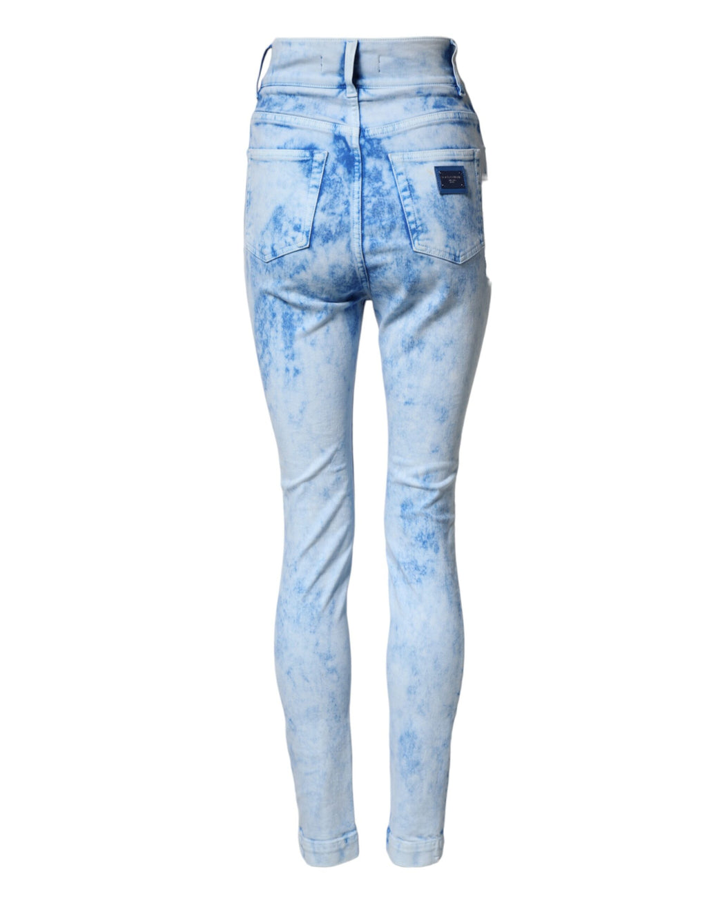 Jeans skinny taille haute Dolce & Gabbana Light Blue en denim bleu clair, affichés sur un mannequin.