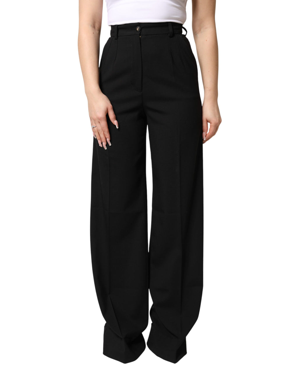 Pantalons droits en laine mélangée noire de Dolce & Gabbana, taille haute, style élégant et ajusté.