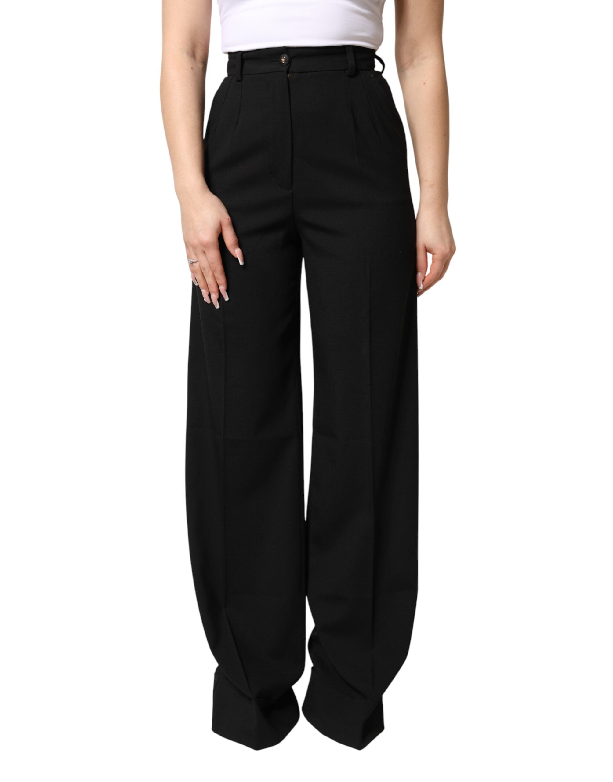 Pantalons droits en laine mélangée noire de Dolce & Gabbana, taille haute, style élégant et ajusté.