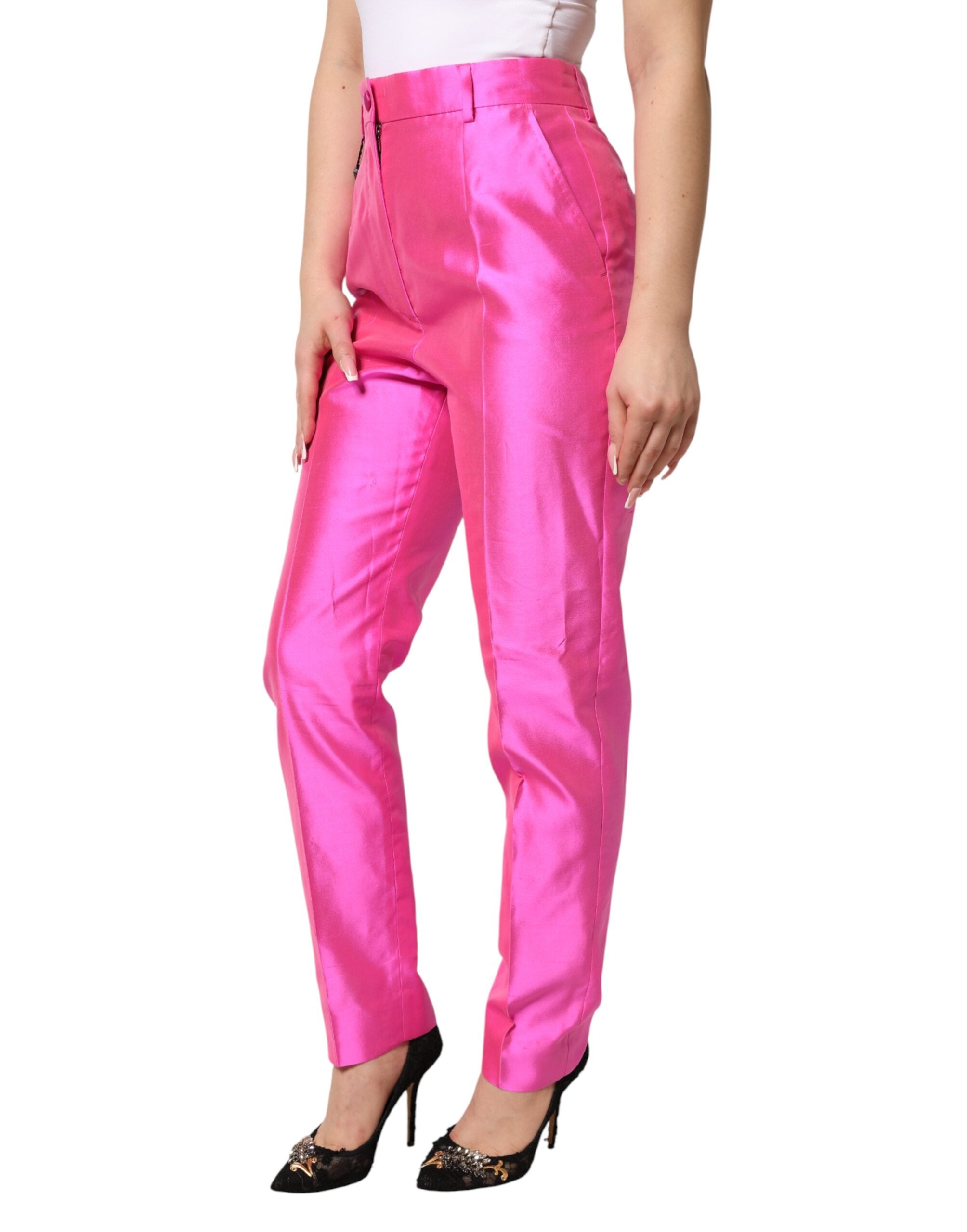 Pantalon Dolce & Gabbana en soie rose à taille haute, style pantalon habillé pour femme, détail élégant et finition raffinée