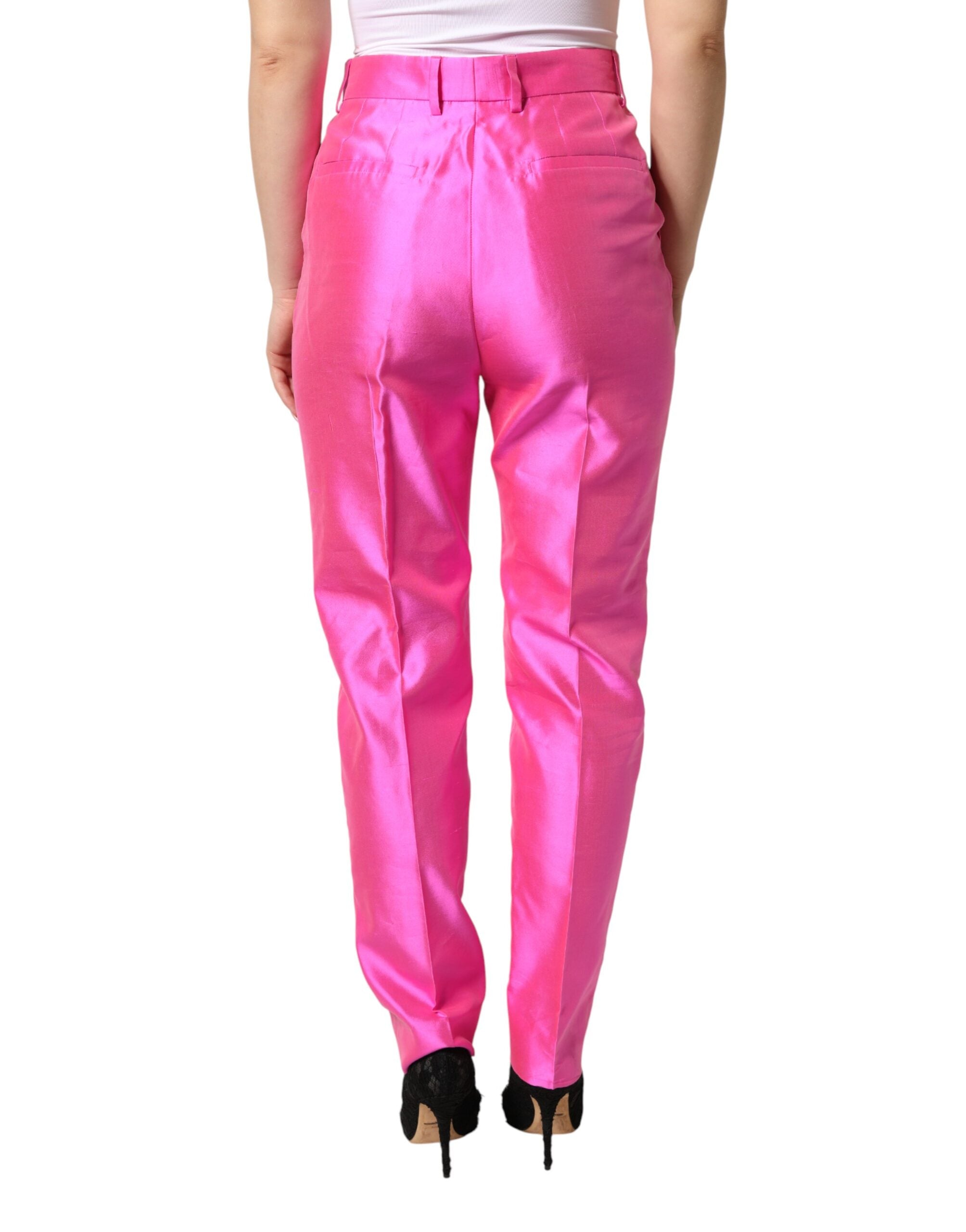 Pantalon haute taille en soie rose Dolce & Gabbana, pantalon élégant et fluide pour femme.