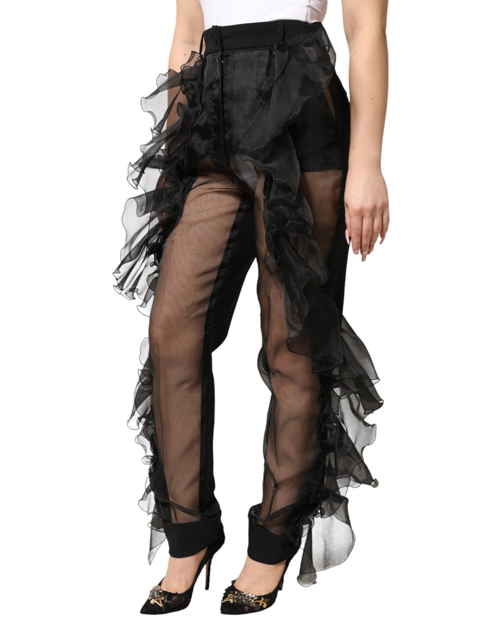 Pantalon noir Dolce & Gabbana taille haute en tulle et laine, style élégant et sophistiqué pour femme.