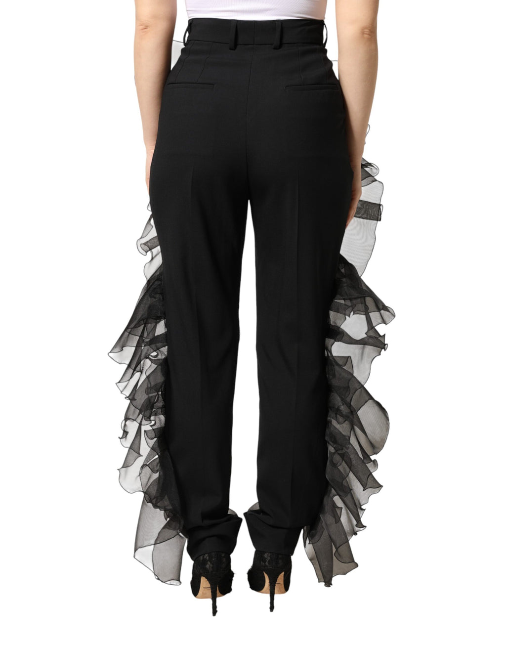 Pantalon en laine noire Dolce & Gabbana à taille haute et en tulle, élégant et sophistiqué, visible sur la photo.