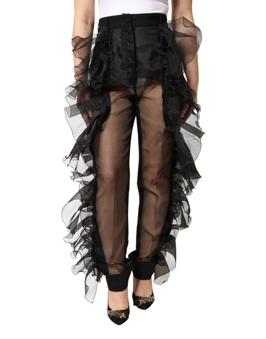 Pantalon Dolce & Gabbana en tulle noir à taille haute en laine, vue de face sur un fond neutre.