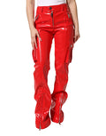 Pantalons cargo rouges Dolce & Gabbana en polyester brillant, coupe boot cut, détails modernes et élégants pour un style sophistiqué