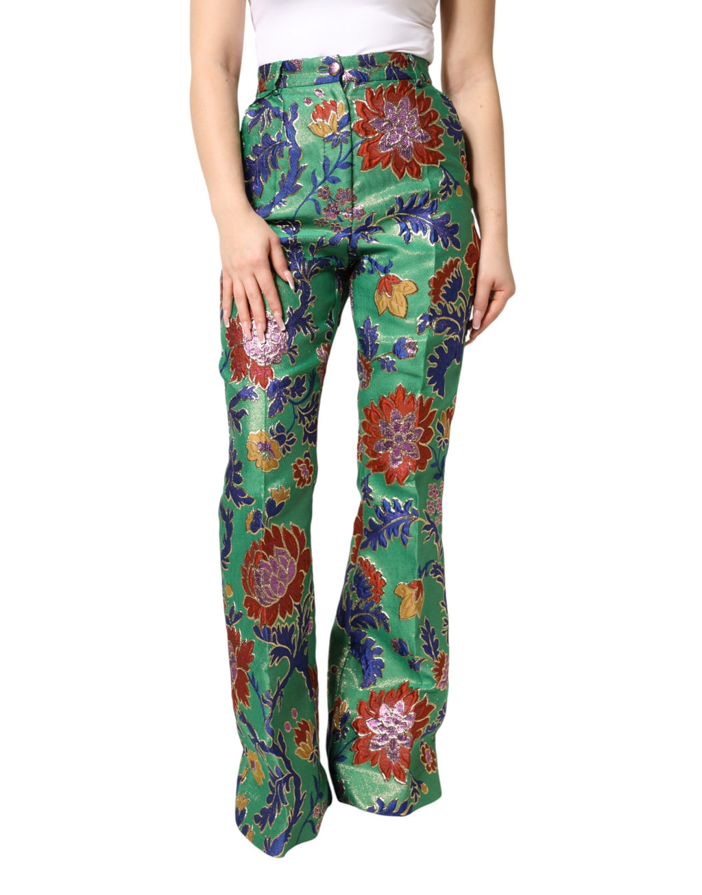 Pantalon bootcut en polyester vert à fleurs Dolce & Gabbana, vue de face, avec motif floral élégant.
