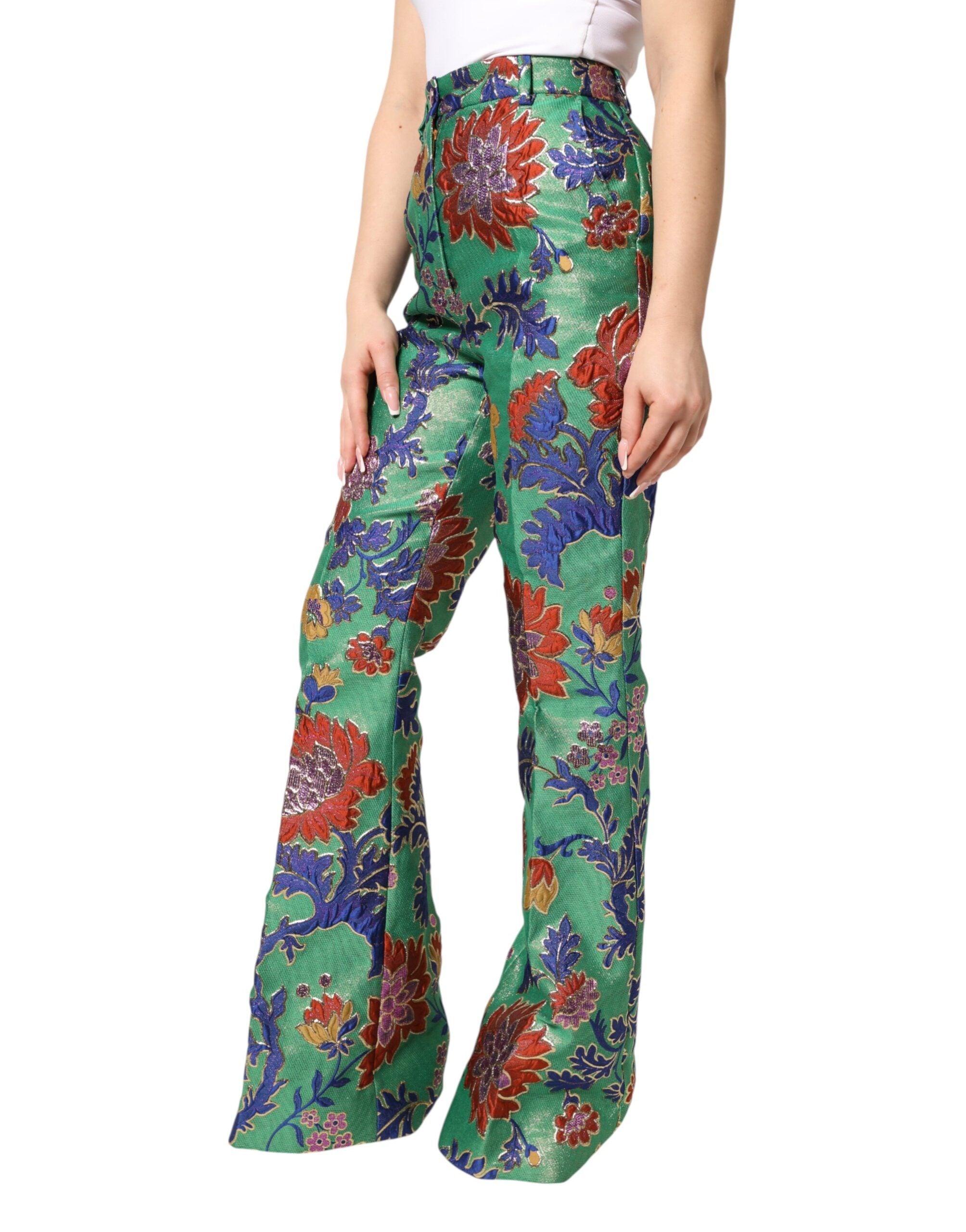 Pantalon bootcut en polyester vert à fleurs Dolce & Gabbana, style élégant et floral pour femme.