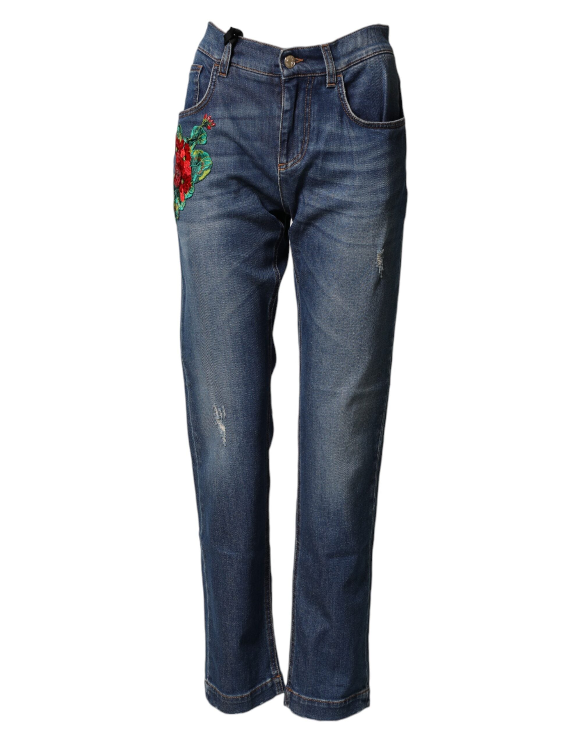 Jeans boyfriend en denim bleu Dolce & Gabbana avec broderie florale, style décontracté et tendance.
