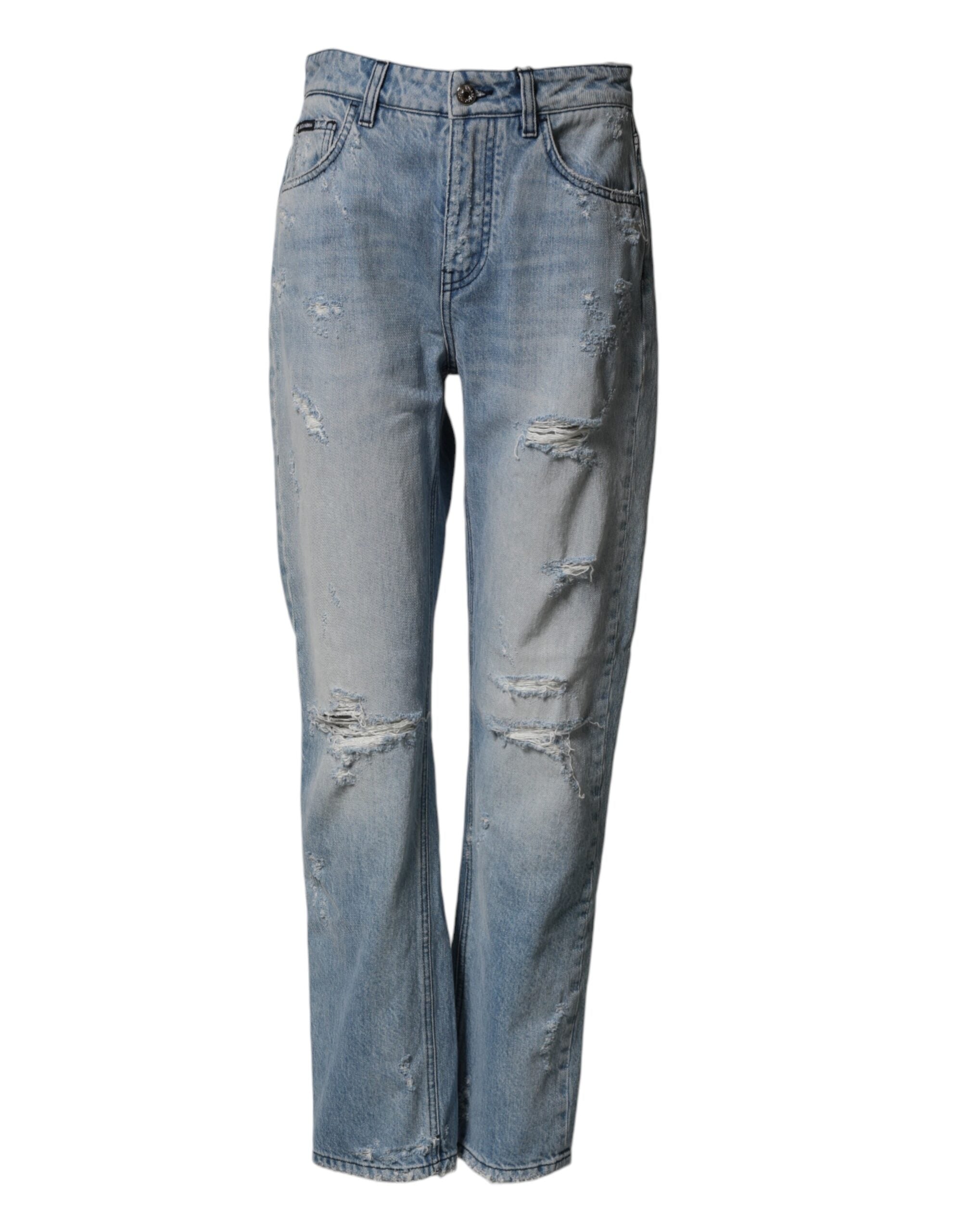 Jeans boyfriend déchirés et délavés Dolce & Gabbana LightBlue, coupe décontractée, denim bleu clair avec détails usés.