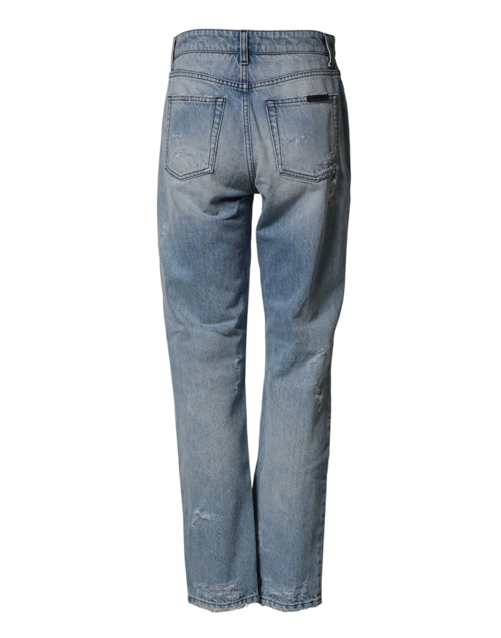Jeans boyfriend en denim délavé et déchiré de Dolce & Gabbana LightBlue, vue de face avec détails usés.