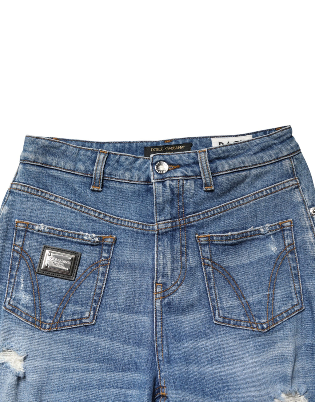 Jeans en denim bleu délavé et usé de Dolce & Gabbana, coupe décontractée, détails en coton distressed.