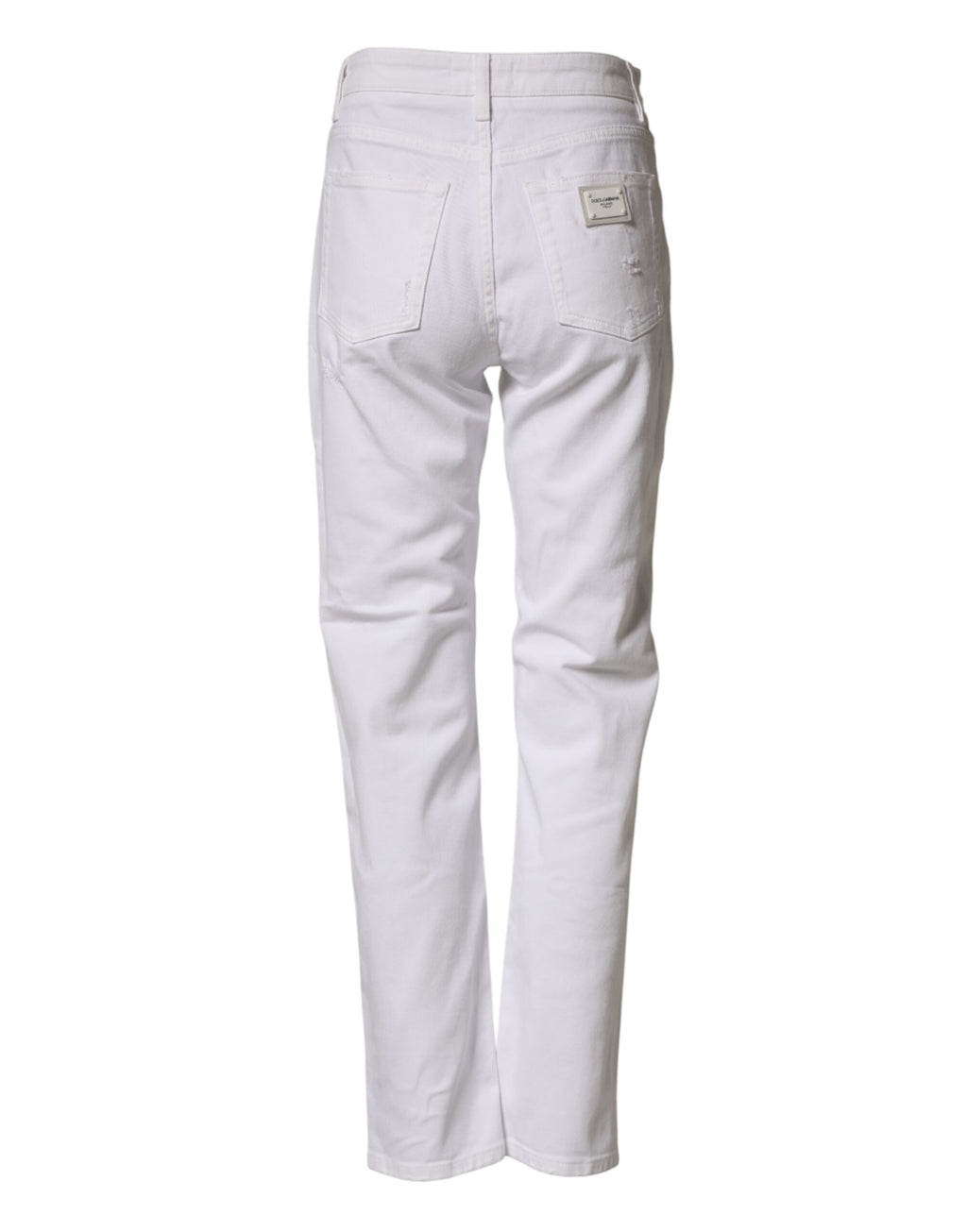 Jeans boyfriend en coton blanc déchiré de Dolce & Gabbana, style décontracté et tendance, visible en détail sur l'image.