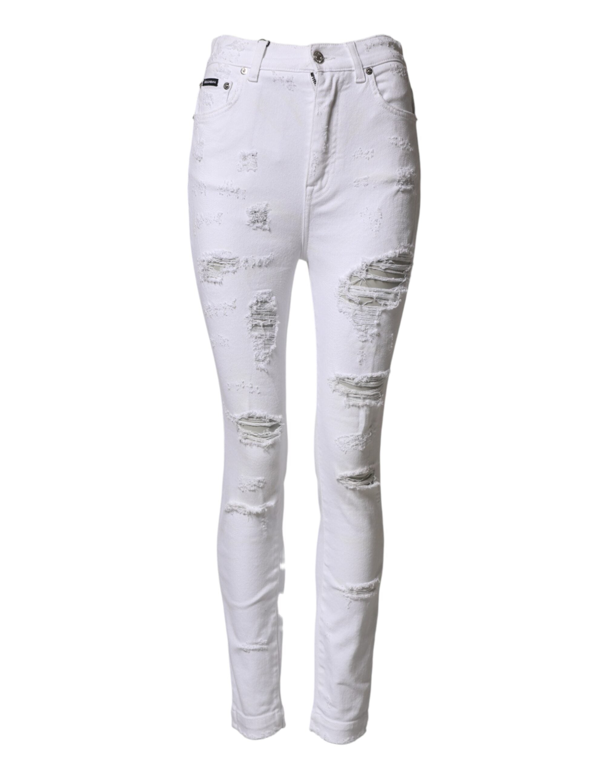 Jeans en denim blanc délavé à taille haute de Dolce & Gabbana, style décontracté avec usures et détails tendance.