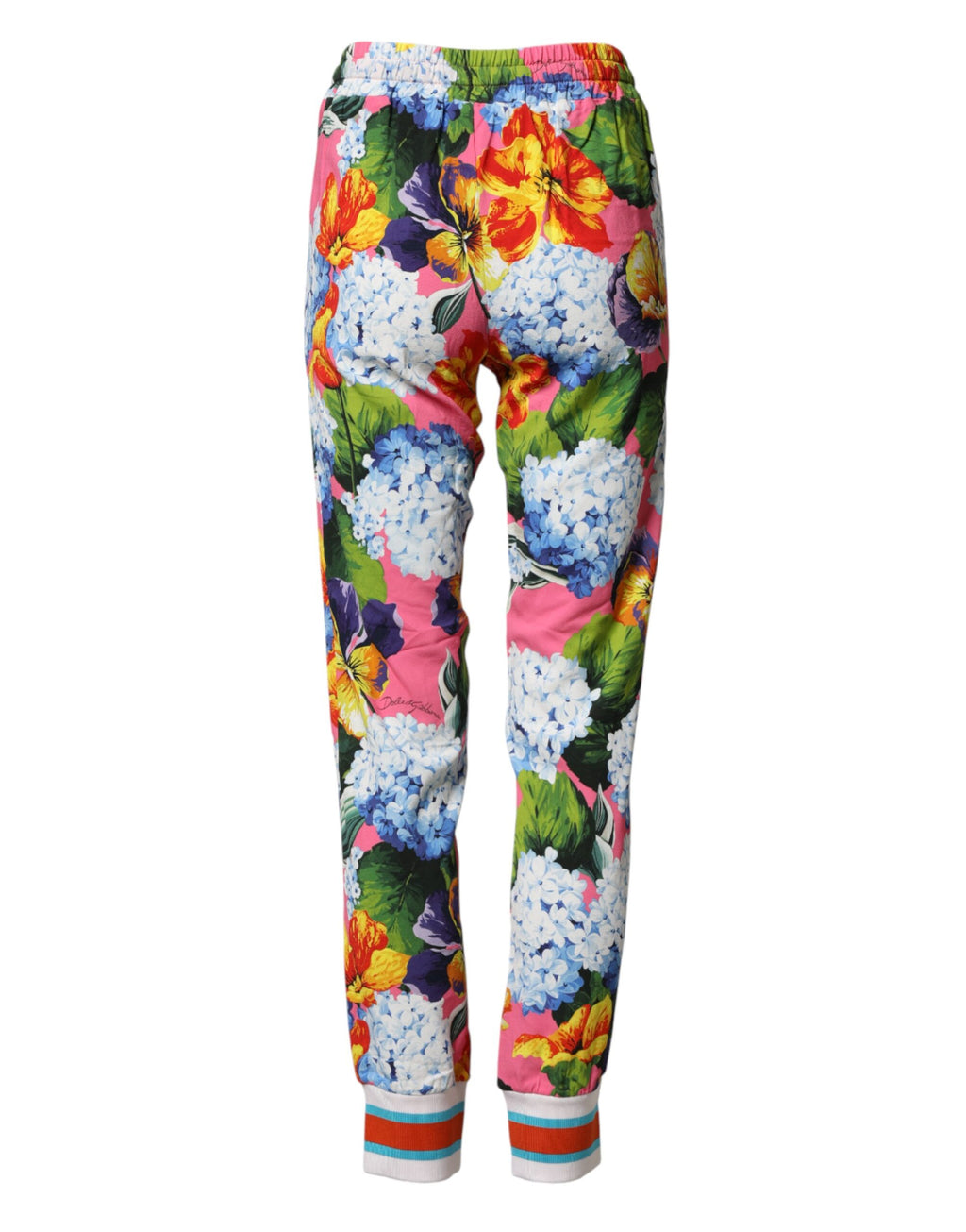 Pantalons joggers Dolce & Gabbana à taille moyenne avec motif floral multicolore, tissu léger et ajustement décontracté.