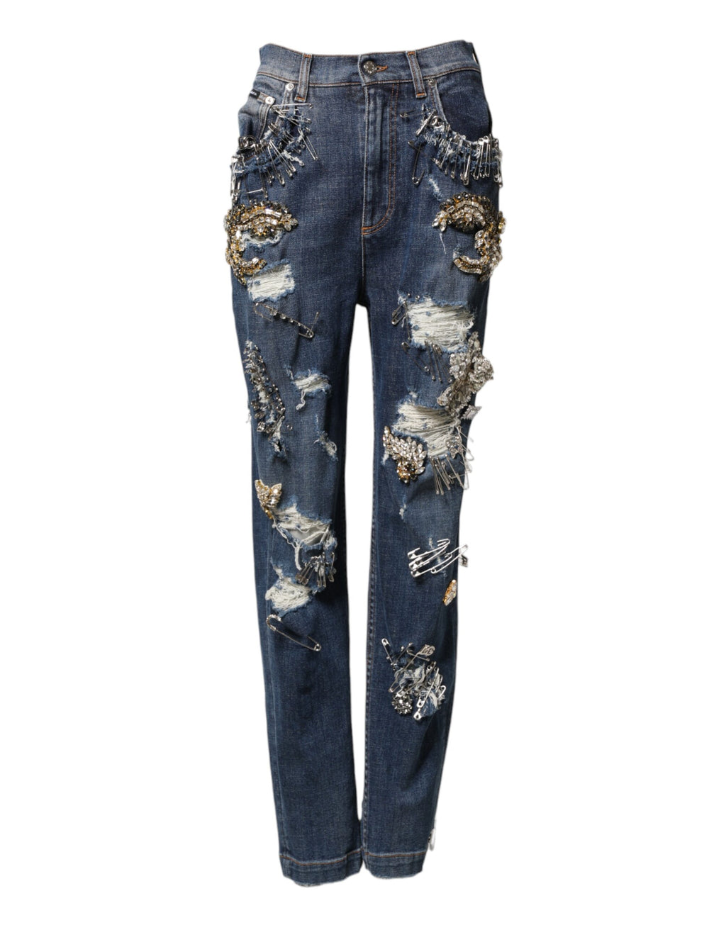 Jeans en denim bleu Dolce & Gabbana avec embellissements en strass en coton et détails raffinés.