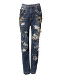 Jeans en denim bleu Dolce & Gabbana avec embellissements en strass en coton et détails raffinés.